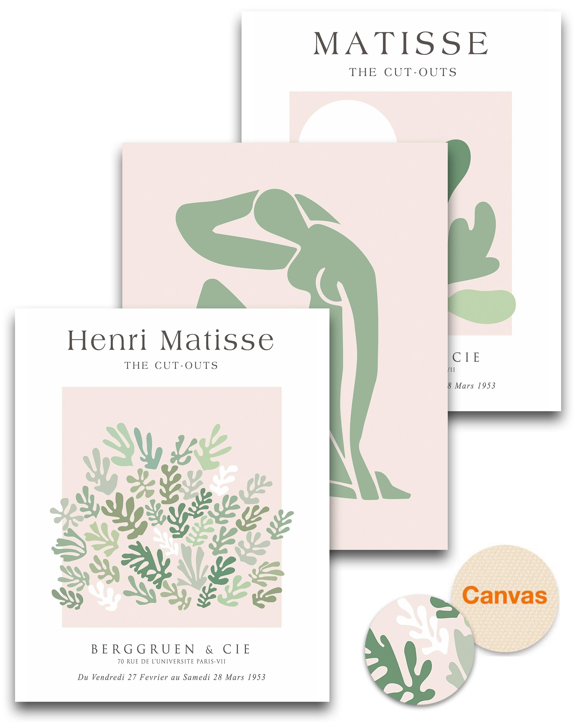 HesenDot Unframed Matisse Wall Art Set of 3,30x40CM Sage Green Wall Decor Exhibition Posters,Abstract Botanical Canvas Prints,Boho Home Decoration for Bathroom Living Room Bedroom Office