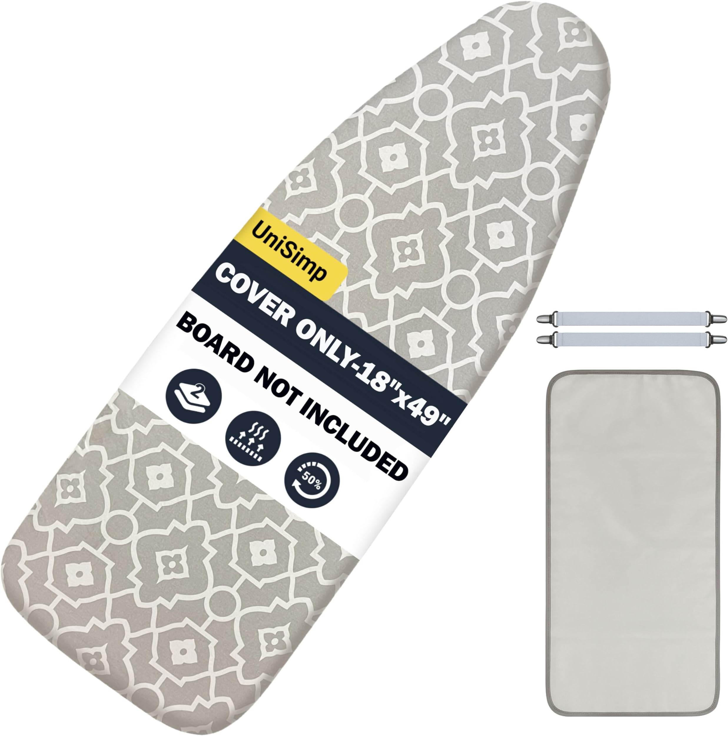 Ironing Board Cover and Pad 18"x49" Extra Thick Natural Cotton, Scorch and Stain Resistant Iron Board Cover, Wide Ironing Board Cover with Fasteners Heavy Duty Heatproof Elastic Edge Geometric