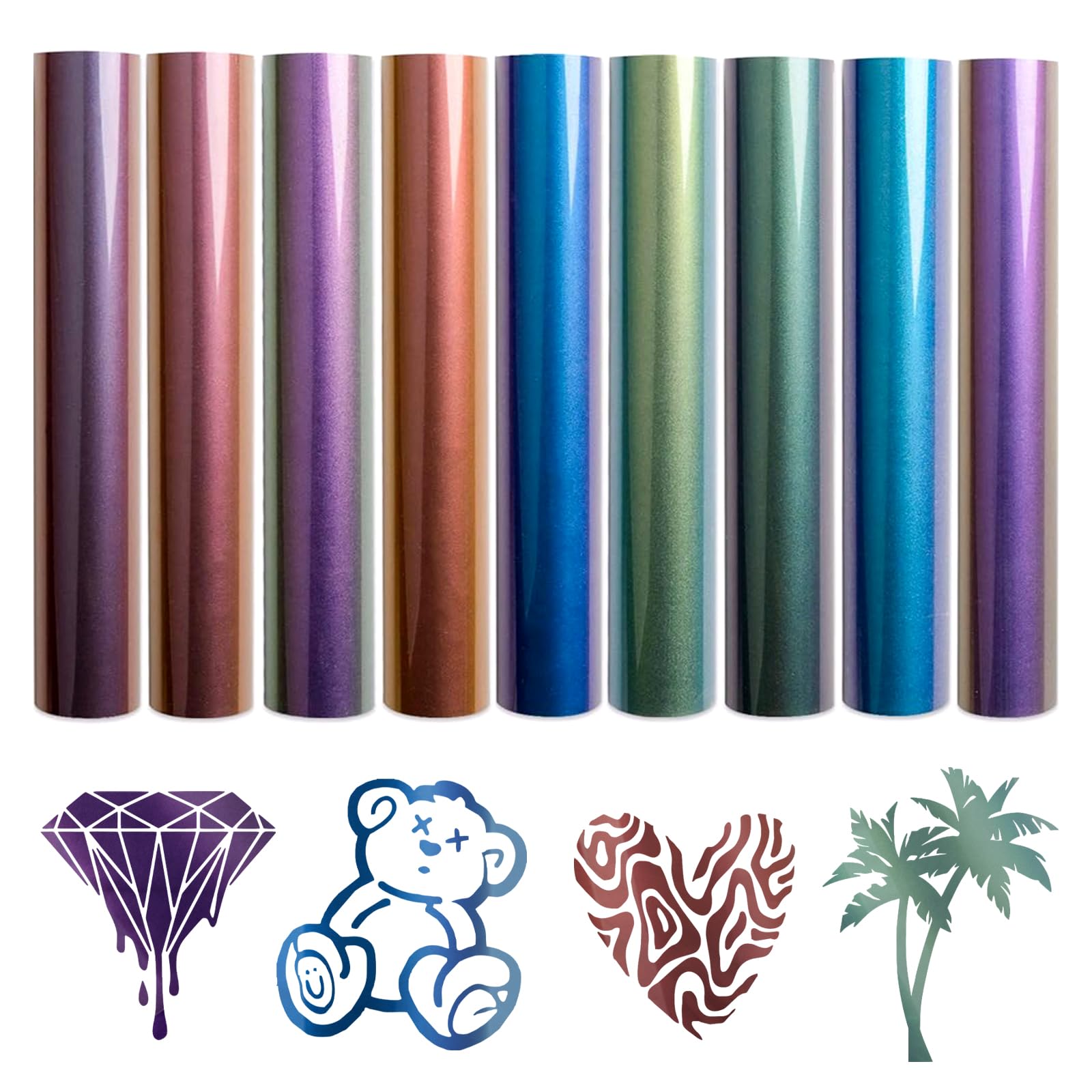 Tintnut HTV Chameleon Heat Transfer Vinyl Bundle 9 Packs 12"x10" Iron On Vinyl for T-Shirt 9 Assorted Chameleon Gradient Change Color PU HTV Sheet, DIY Design for T-Shirt