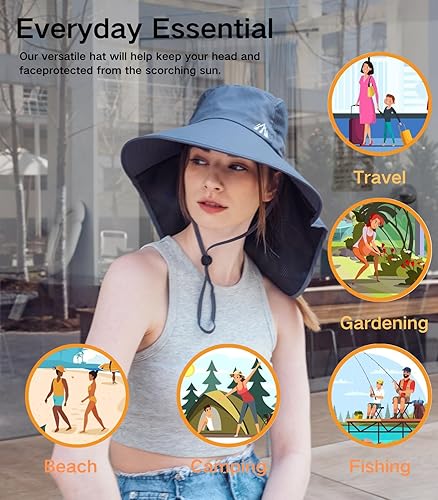 Miniatura 6 de Sombrero de protección solar UV para mujer, plegable, con solapa para el cuello, sombrero de pesca de ala ancha con agujero para cola de caballo