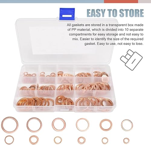 Miniatura 5 de Zosgrew - Juego de 200 piezas de arandelas de cobre para aplastar métricas para auto, 9 tamaños de sellos de tapón de bandeja de aceite de cobre,