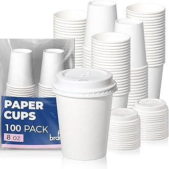 Fit Meal Prep 100 Pack 8 oz Disposable Coffee Cups with Lids, Premium Paper To Go Cups for Hot/Cold Beverages, Leak Proof Travel Cups for Cold/Hot Beverage, Office (White Lids)