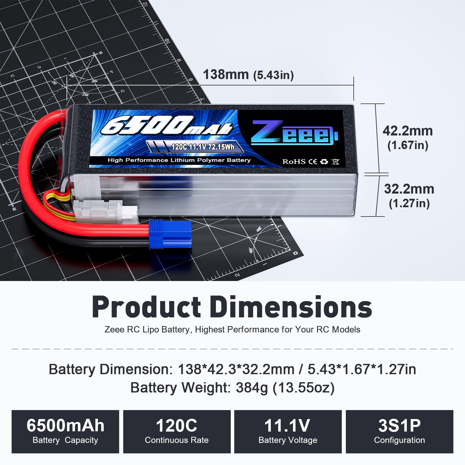 Zeee 3S Lipo 6500mAh 11.1V 120C Softpack-RC Akku mit EC5 stecker für RC-Autos, LKWs, RC-Fahrzeuge, Truggy, Buggy, Panzer, Hubschrauber, Flugzeug, Rennmodelle (2 Stück)