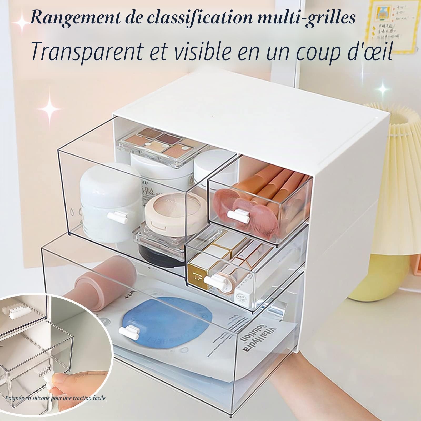Organiseur de Bureau en Plastique avec Tiroirs, Empilable Grande Capacité, Boîte à Tiroirs pour Fournitures