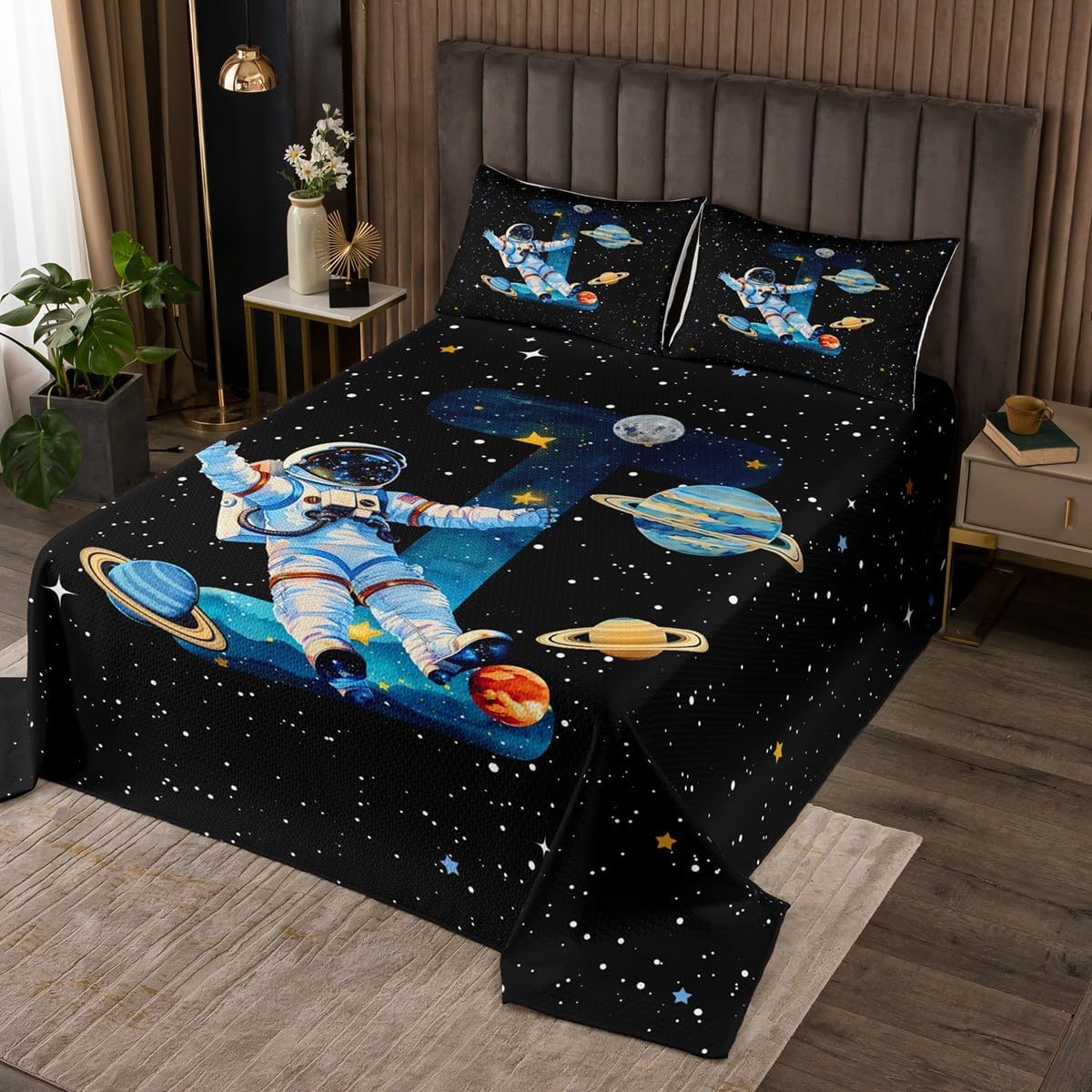 Space Theme Bedspread Twin Size,Star Astronaut Bedding Sets 2Pcs for Kids Girls Boys Room Decor,Galaxy Planet Comforter Set Cartoon B Letter Quilt Coverlet,1 Pillowcase