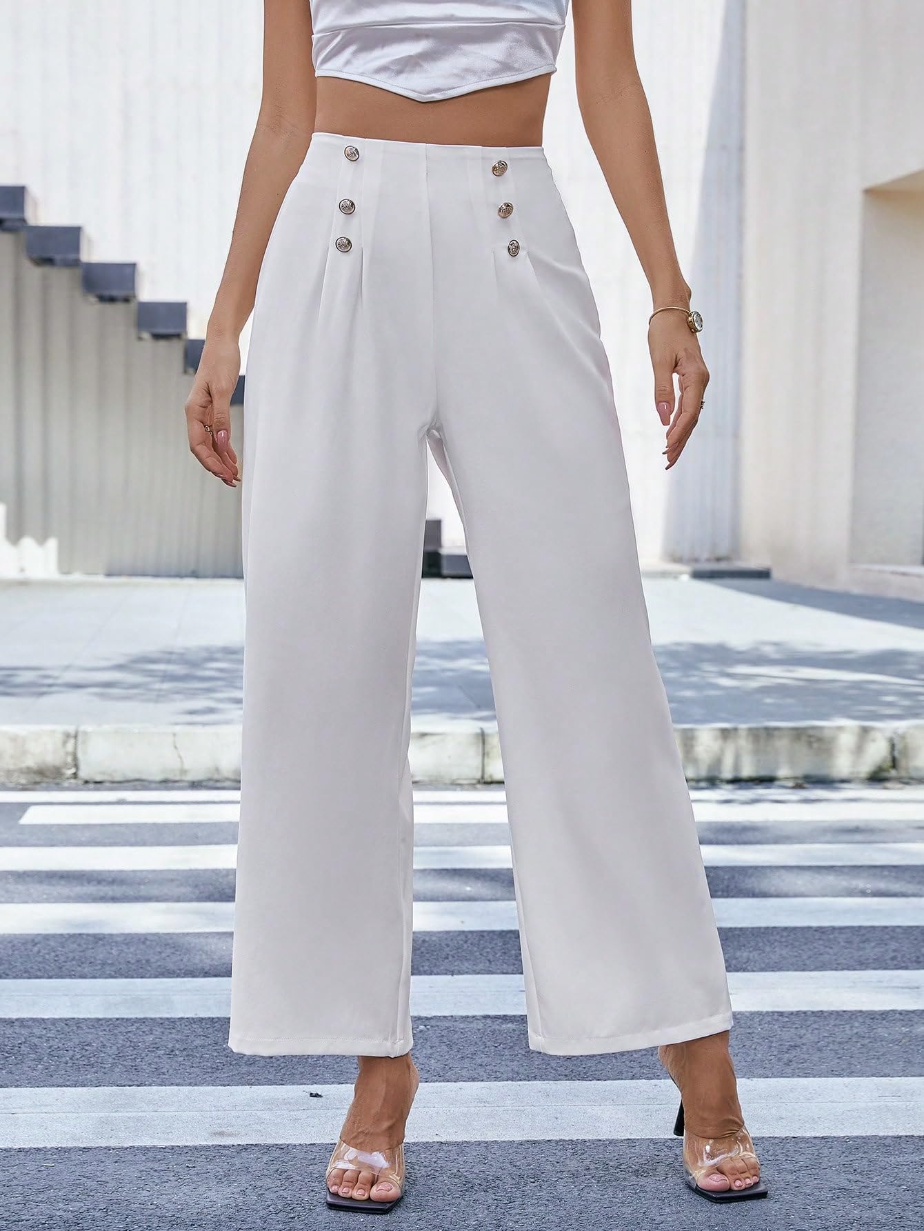 CRYBA Womens Pants High Waist Button Detail Wide Leg Pants Pant for Women