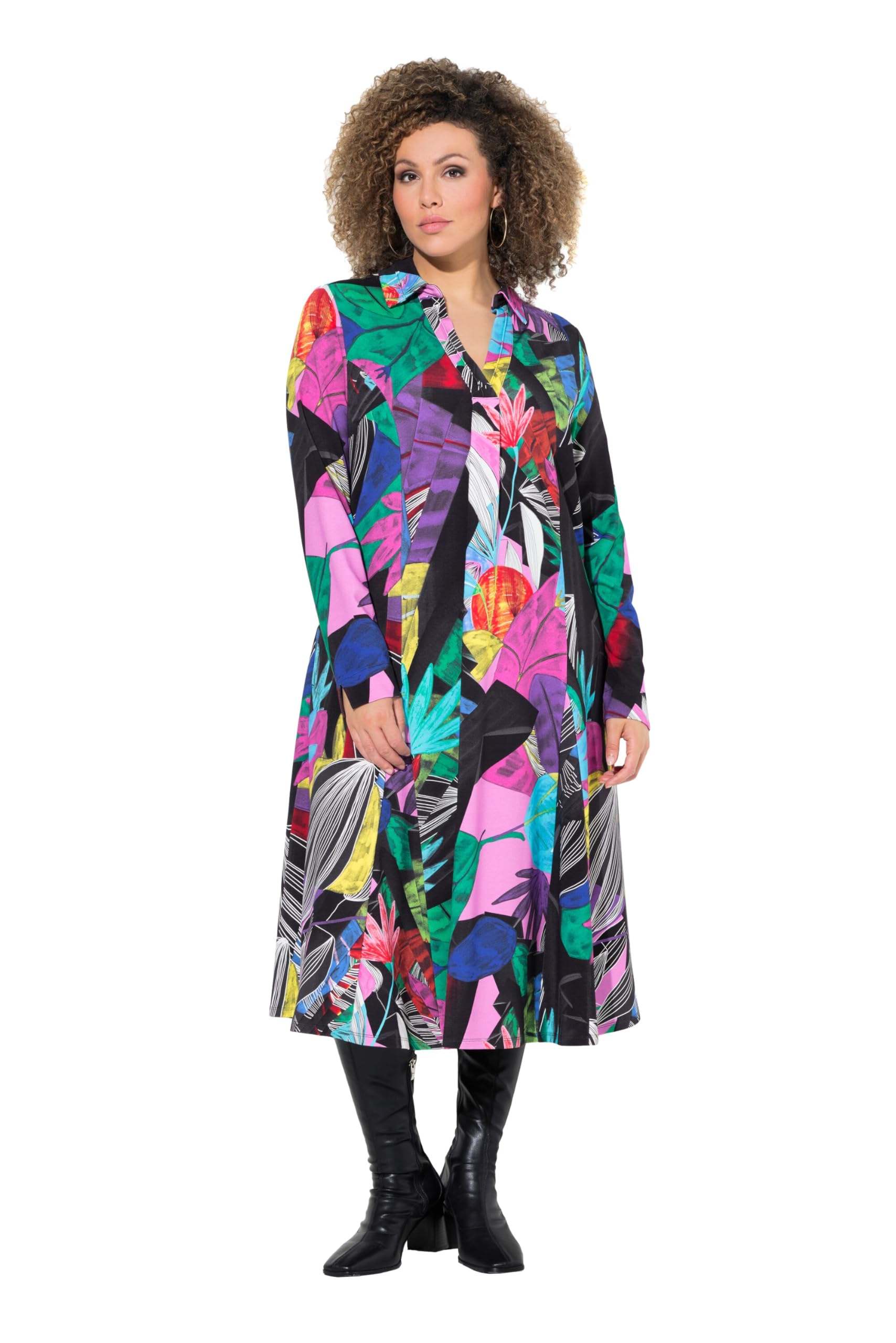 Ulla Popken Damen große Größen Übergrößen Plus Size Jerseykleid, A-Linie, Godetfalten, Langarm 833617