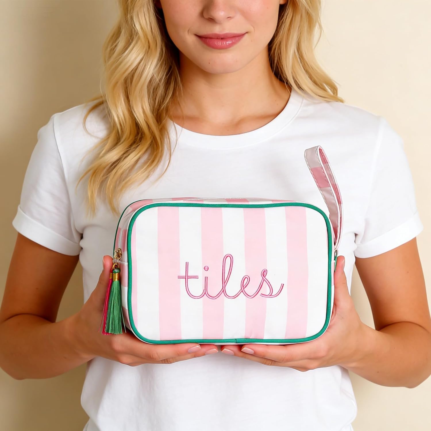 Mahjong Tile Bag with Handle - Stylish Pink & White Striped Case for 166 American Tiles (1.2"), Embroidered Design with Plush Interior & Tassel Zipper, Travel Organizer (Bag Only, Tiles Not Included)