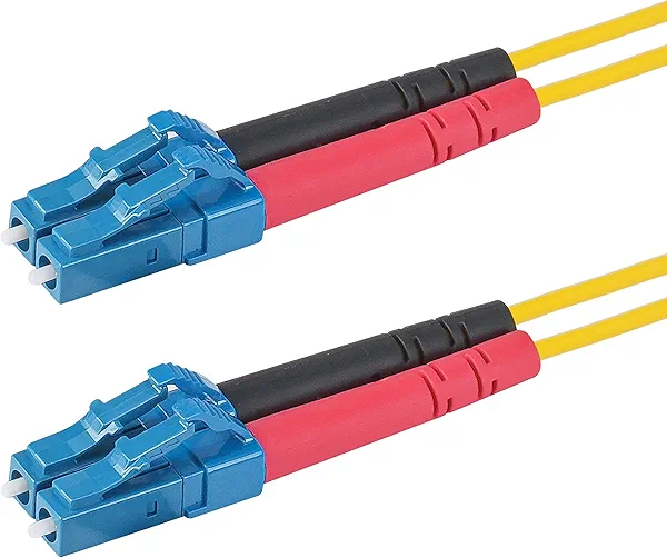 SpeedyFiberTX 1-Pack 1 Meter LC/U to LC/U Fiber Optic Patch Cable, Red and Black Boots, Corning SMF-28 Ultra Single-Mode 9/125um Optical Fiber, Duplex Yellow Riser OFNR Cable Jacket