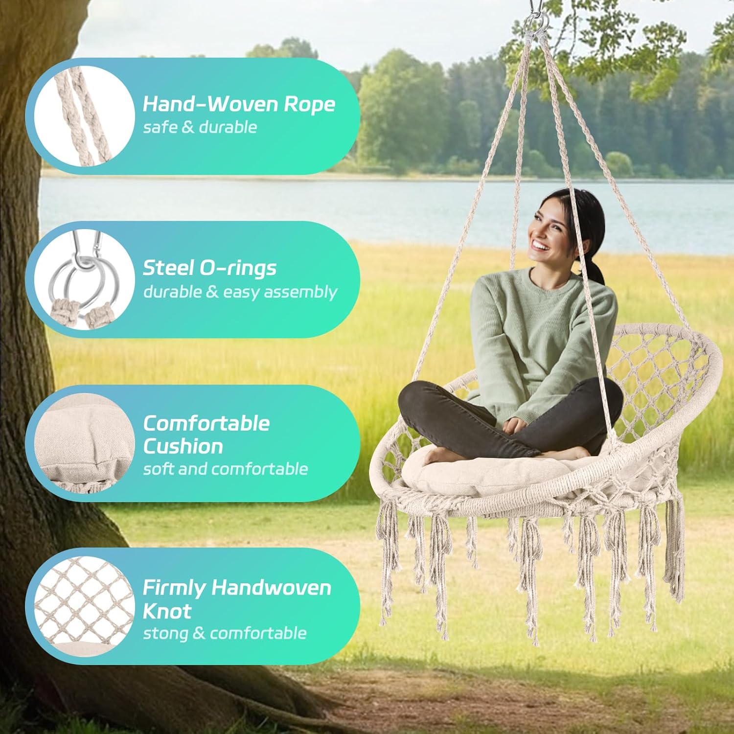 Hammock Chair Macrame with Stand & Cushion, 500 LBS Heavy Duty Swing Chair, 31.5" Wide Seat, Steel O-Rings for Indoor Outdoor Bedroom and Balcony Garden (Beige)
