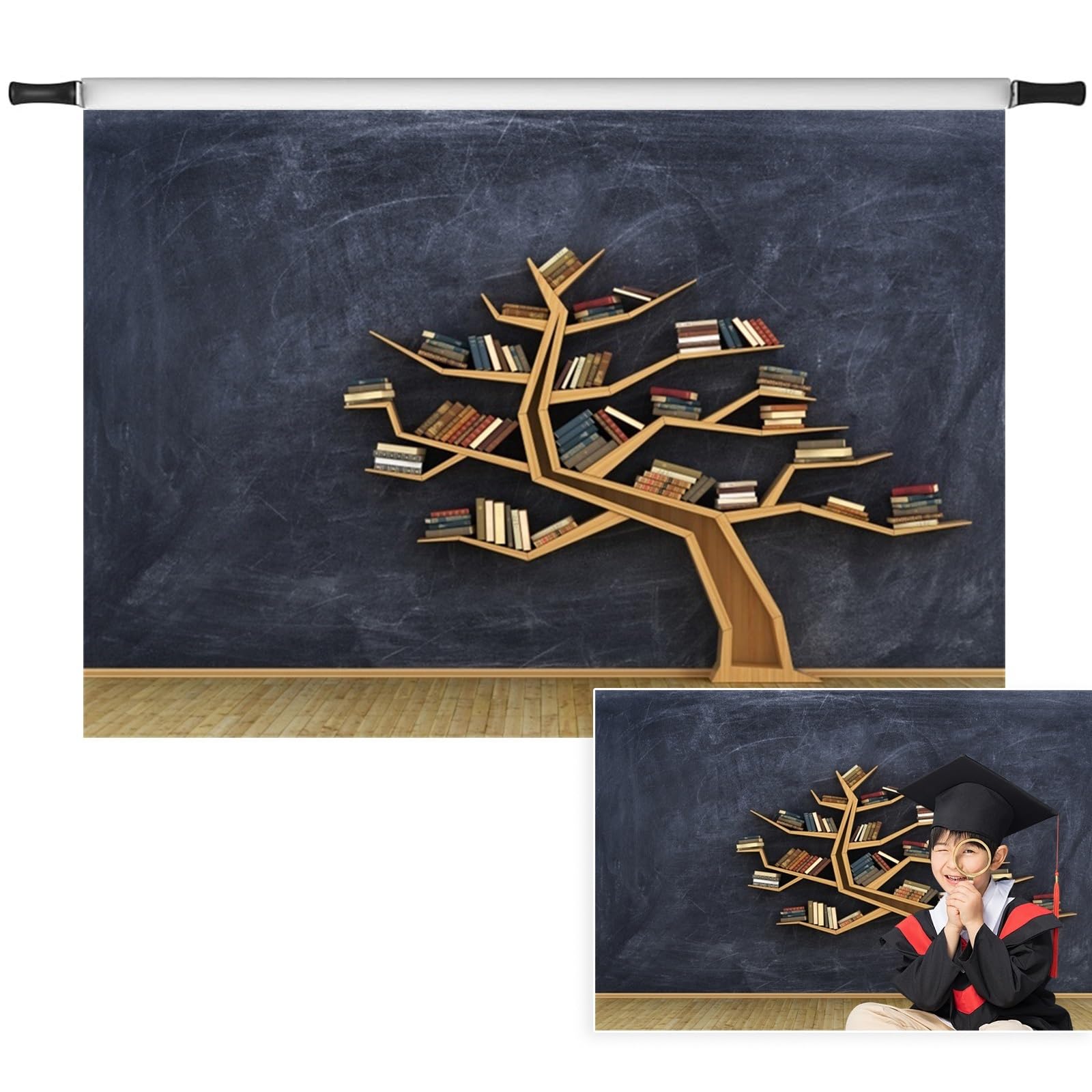 Vie Savaran 5x3ft Wooden Bookshelf Backdrop Tree-Shaped Bookshelf Blackboard Books Minimalist Photography Background Birthday Party Conference