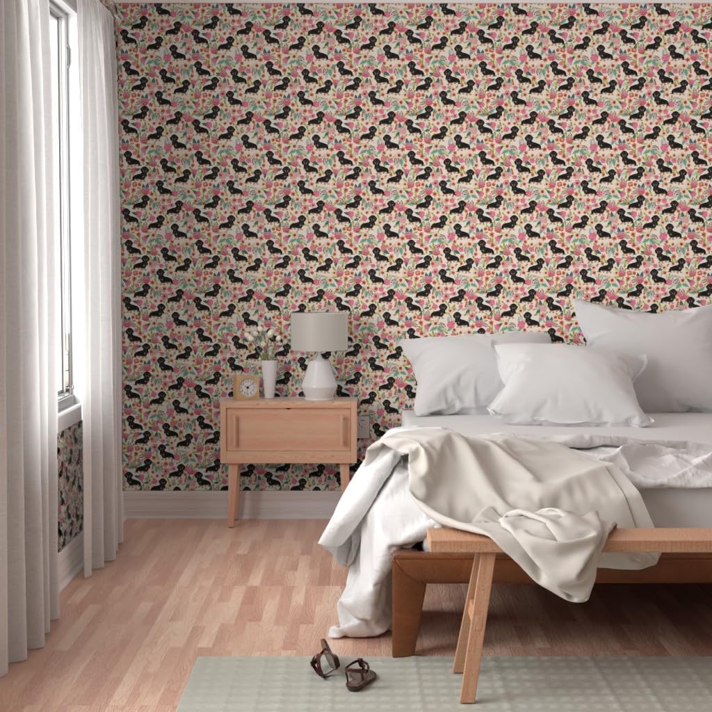 Peel & Stick Wallpaper Swatch - Flowers Florals Dachshund Dachshunds Dog Cute Pet Baby Girls Sweet Weiner Wiener Puppy Lover Animal Custom Removable Wallpaper by Spoonflower