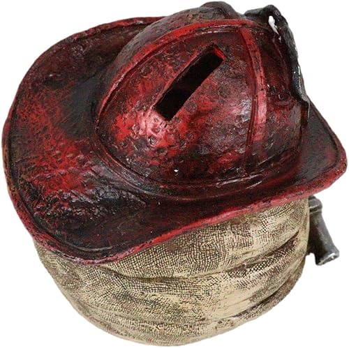 Miniatura 7 de Ebros Gift Estación de bomberos rústica, 1 sombrero de bombero con manguera en espiral, ahorro de monedas, alcancía, figura decorativa para