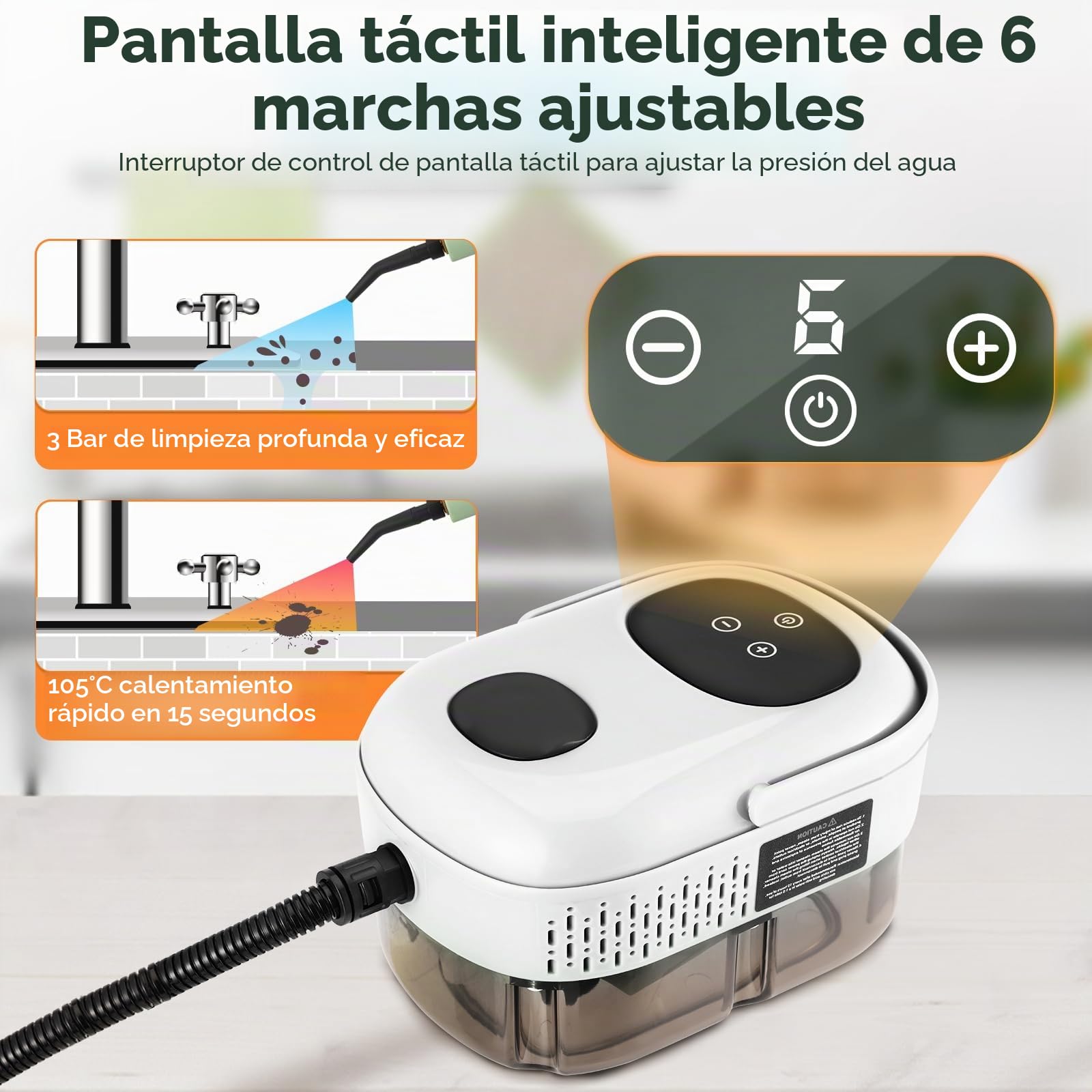Limpiador a vapor portátil de 2500 W con depósito de agua de 1100 ml, 3 bares de presión, 9 accesorios y 3 cabezales de cepillo - Ideal para cocina, baño, coche y tapicería