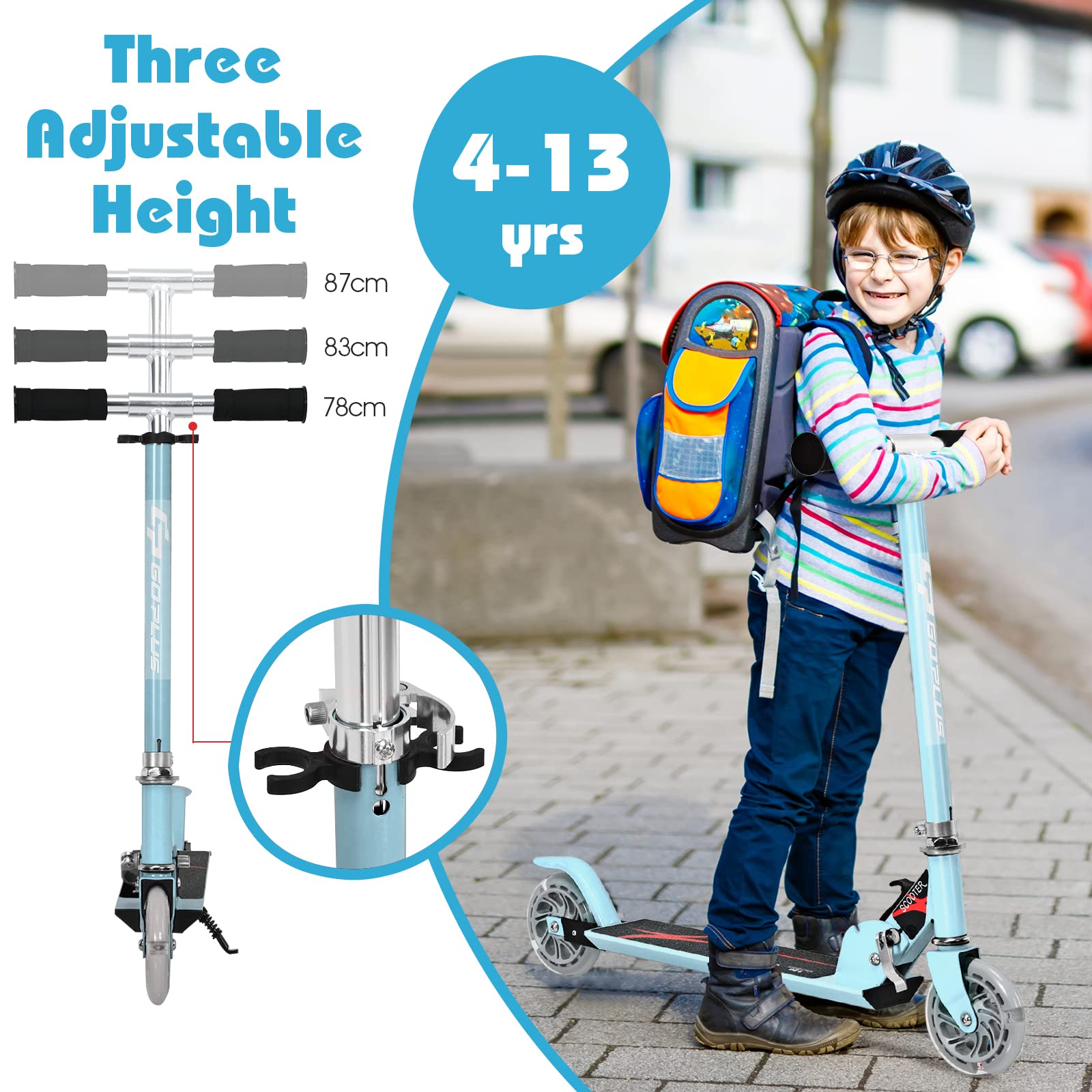 Trottinette Enfant KOMFOTTEU Avec LED, 3 Hauteurs Réglables Et Frein - Scooter Pliable Aluminium Jusqu'à 50 Kg Pour Enfants Dès 3 Ans