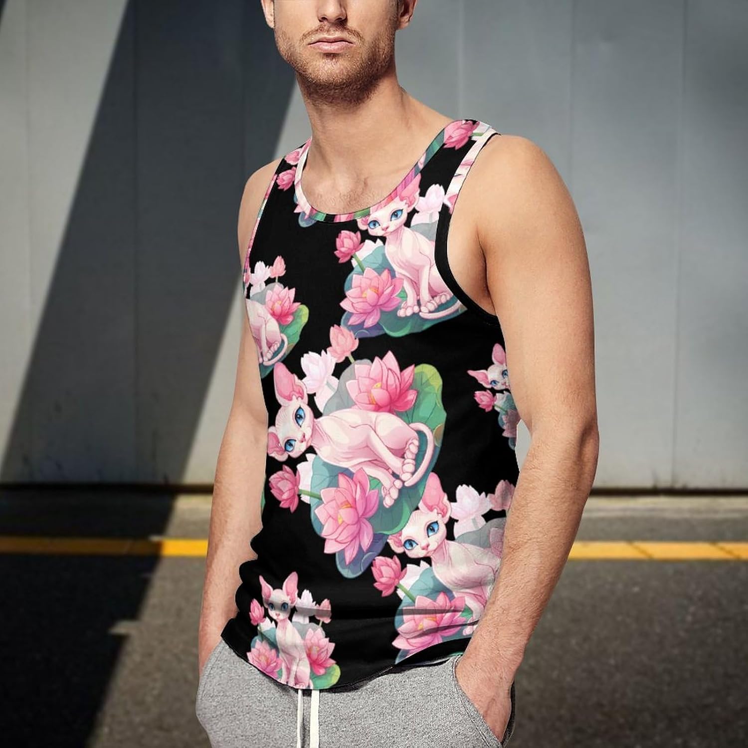 Cute Sphynxs Cat Flowers Men's Tank Top Sleeveless Muscle Shirts Vest Beach T Shirts for Workout Gym