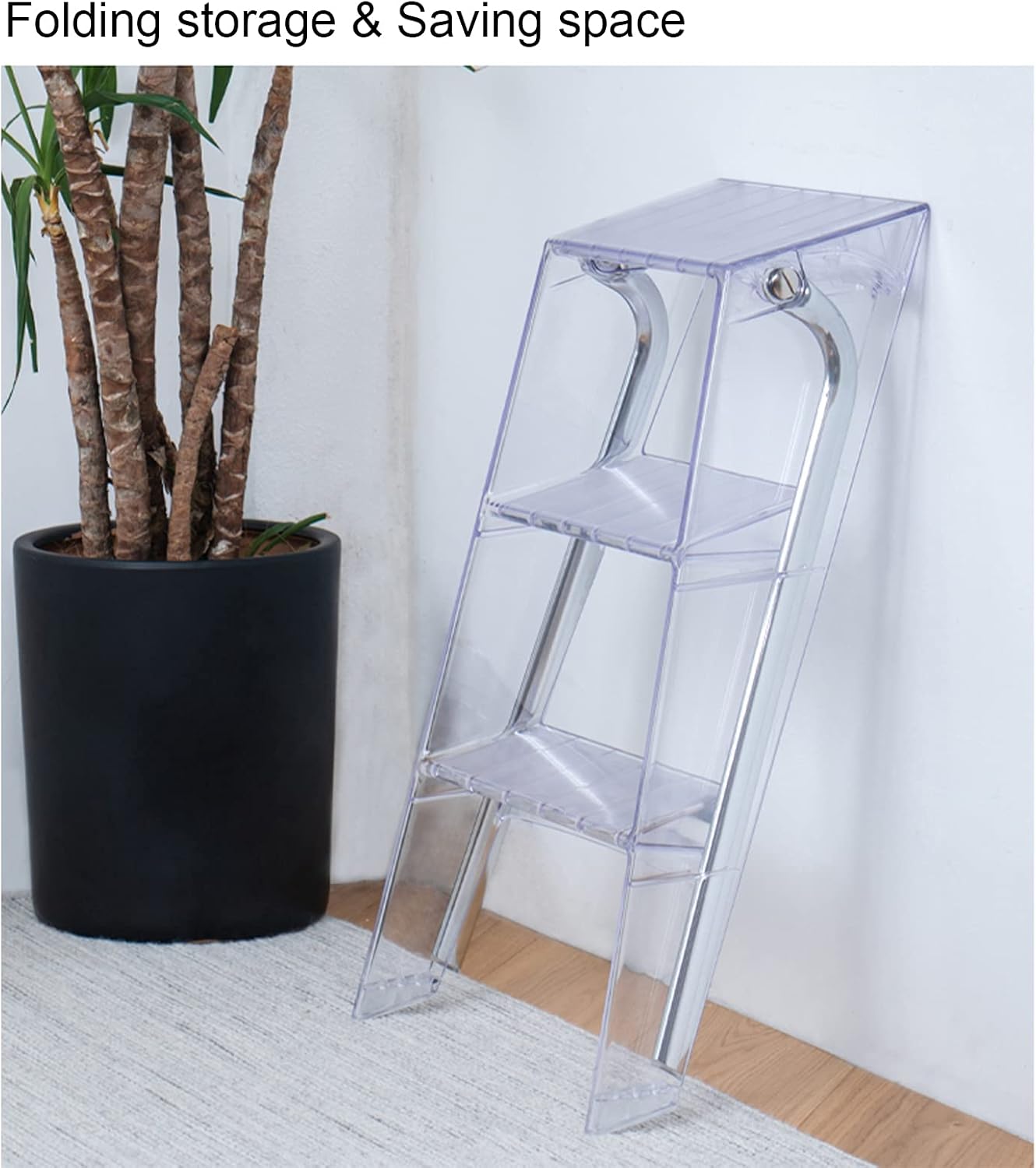 HB1 3 Step Ladder Household Multifunctional Transparent Folding Ladder Nordic Acrylic Telescopic Anti Slip Store Books and Objects Pedal Miter Ladder,Coffee