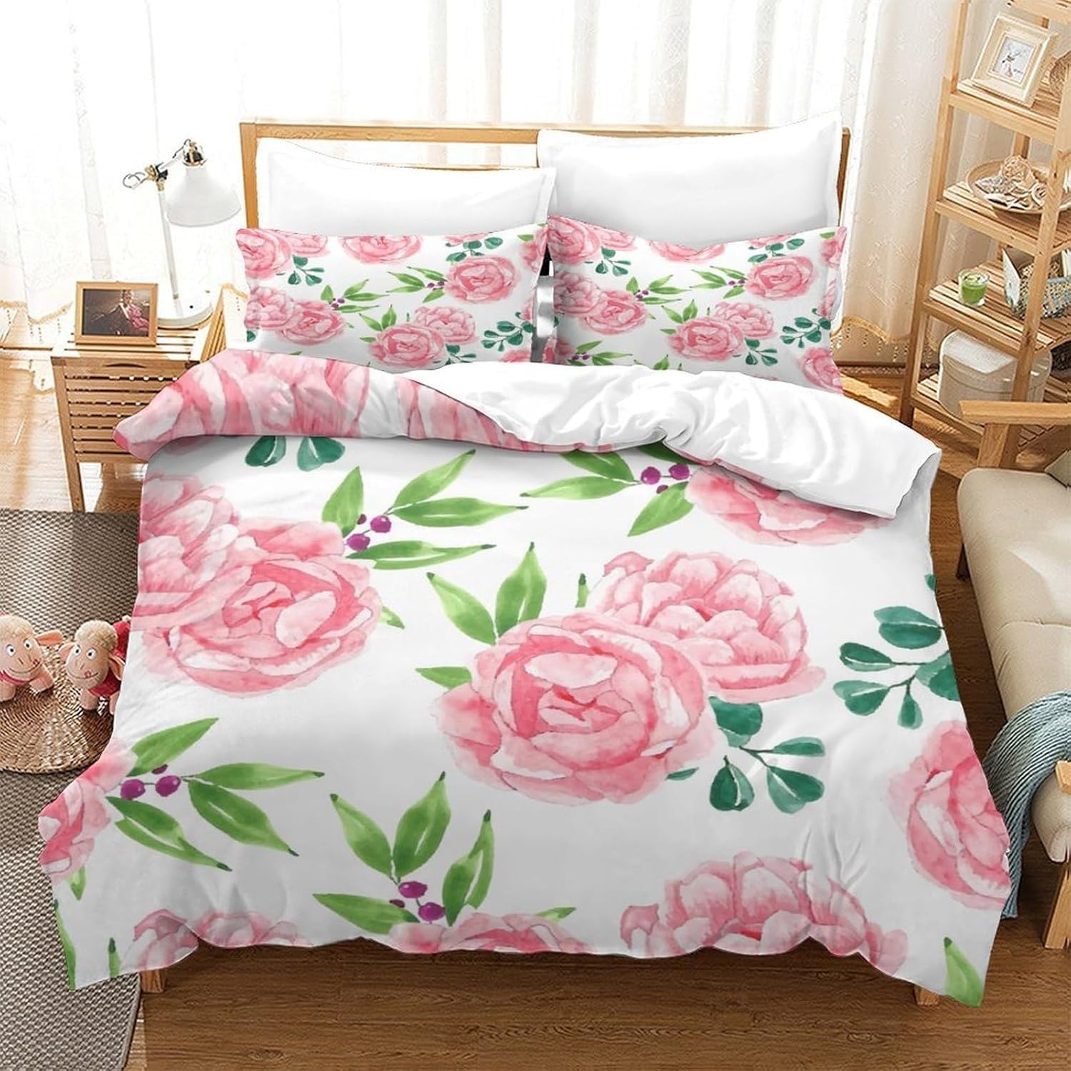 Housse de couette 200x200 roses parure de lit imprimée avec fermeture éclair