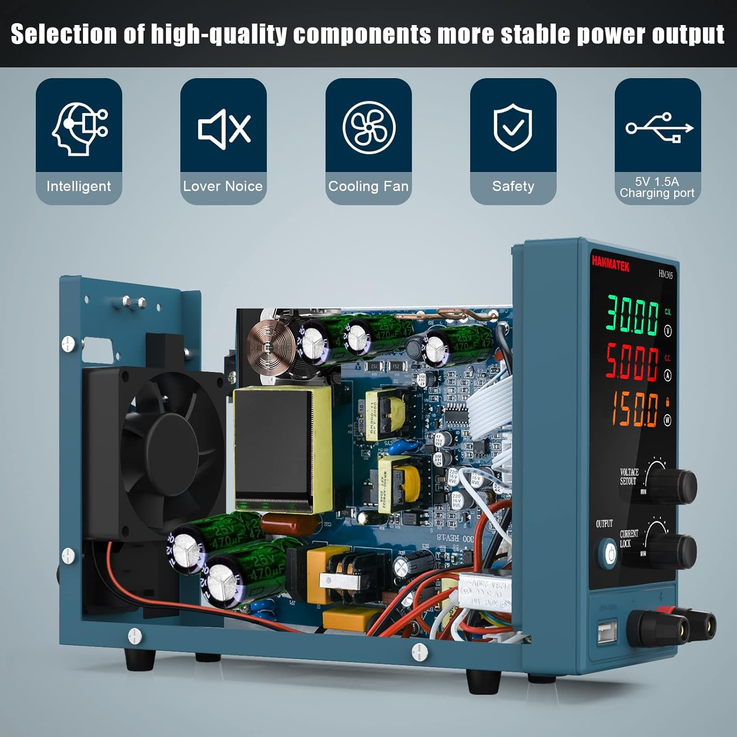 Mewnol view of the HANMATEK HM305 power supply showing the cooling fan and electronic components.