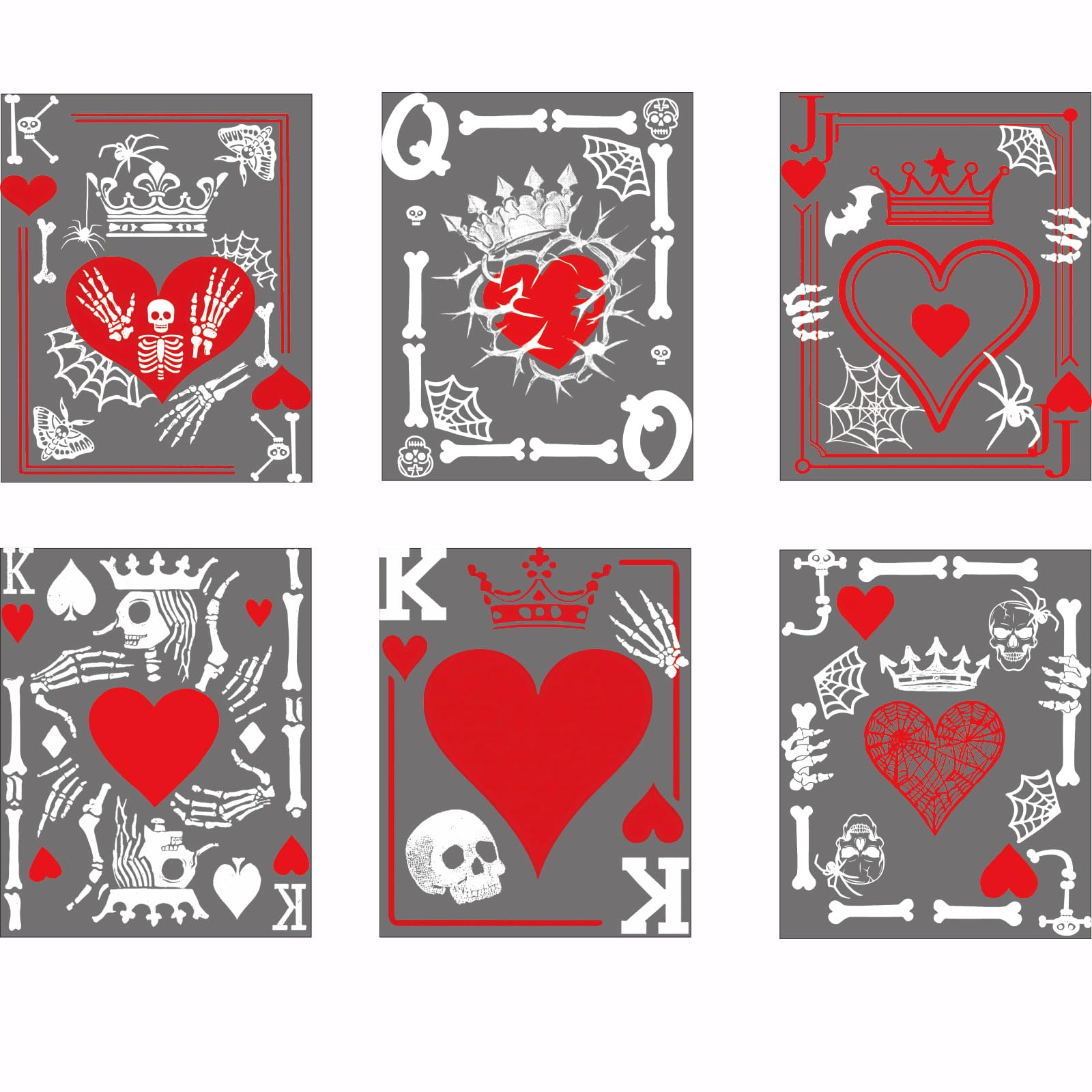 SUPERDANT 6PCS Iron On Transfer Paper Red Skeleton Poker Heat Transfer Sticker Playing Cards Hot Press Patch Decals Applique DIY Decoration for Clothes T-Shirts Cushion and Canvas Bags