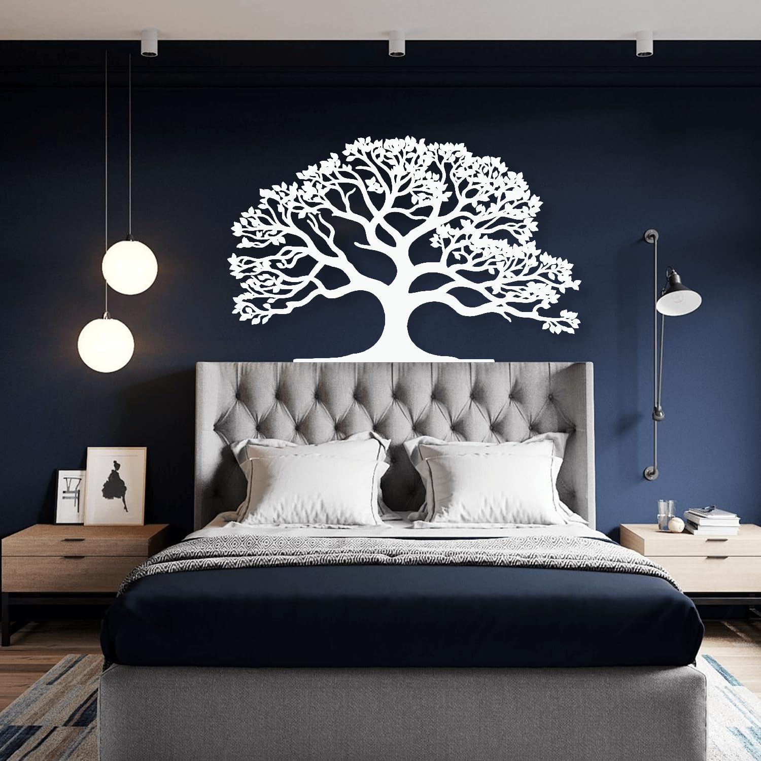 Dessin au trait d'arbre de vie en métal blanc, décoration murale symbolique pour maison harmonieuse