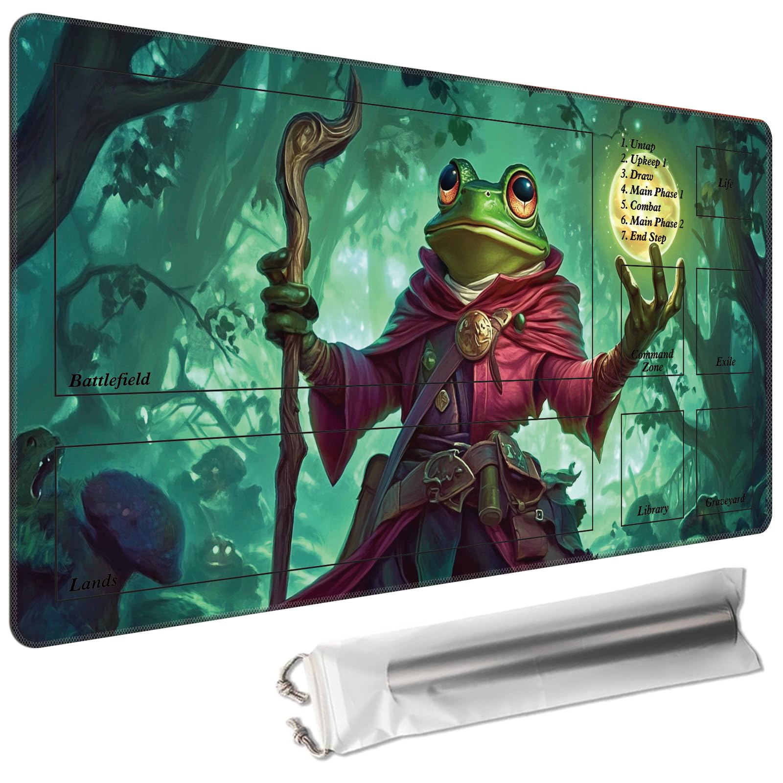 Cdkfxjy MTG Playmat with Magic Zone 27.5 x 15.7in Includes Storage Bag,TCG Playmat with Soft Surface Premium Non-Slip Rubber Backing Stitched Edges Durable Gaming Mat,Mage Frog with Staff — image 1