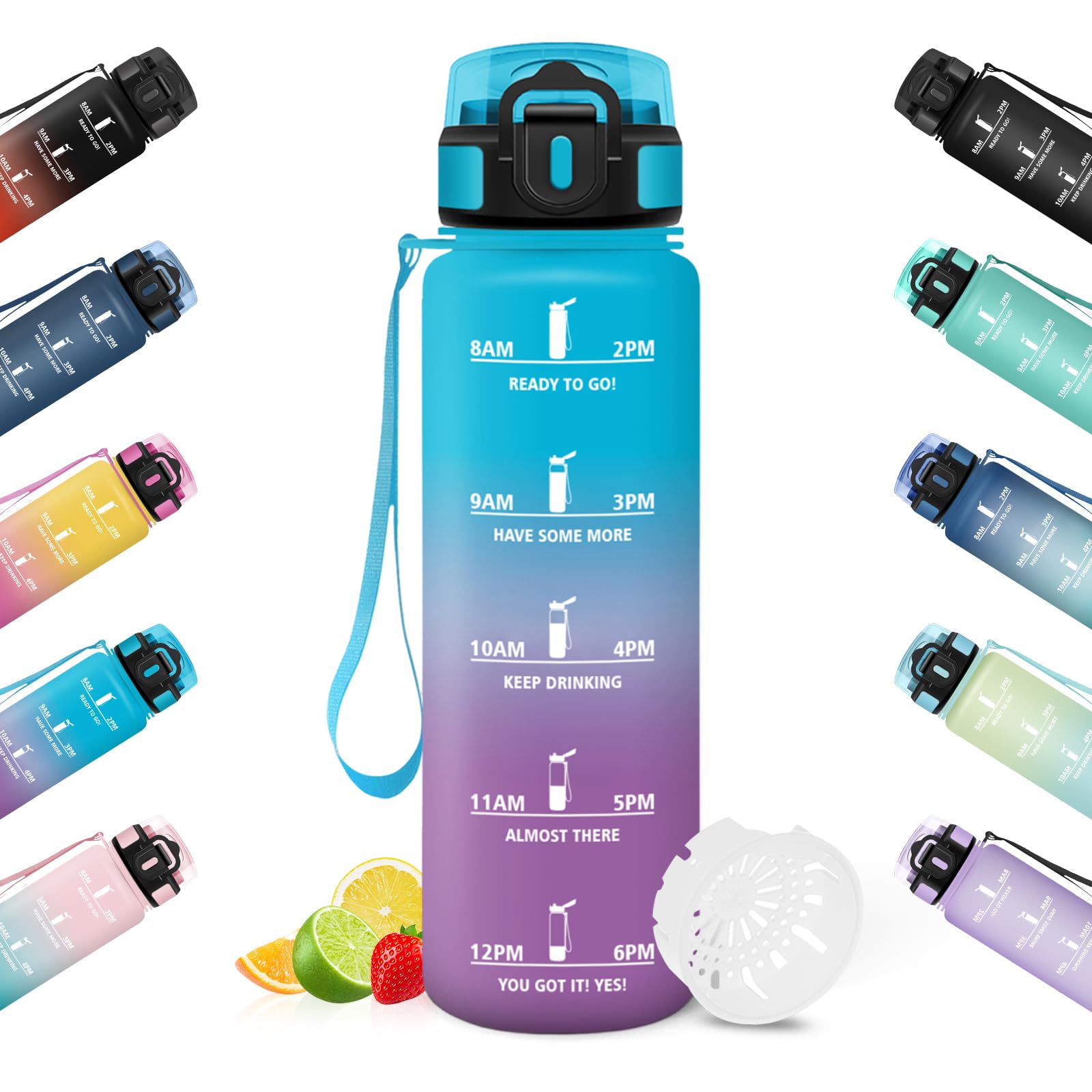 HoneyHolly Trinkflasche 1L, Zeitmarkierung, Wasserflasche, Auslaufsicher, Trinkflasche Sport, Wiederverwendbar, Water Bottle für Fitnessstudio, Radfahren, Büro, Outdoor, Wasserflasche Auslaufsicher