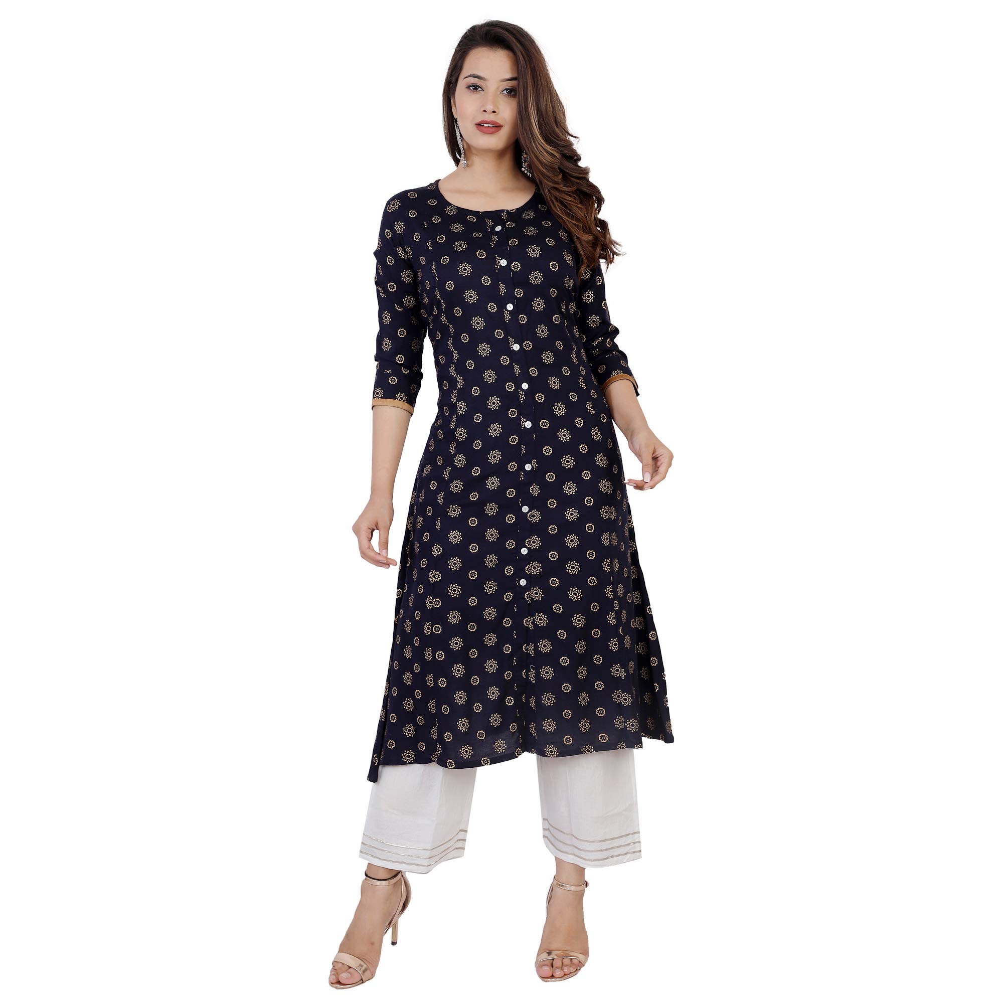 SIDDHANAMWomen Gold Print Blue Rayon A-line Kurta