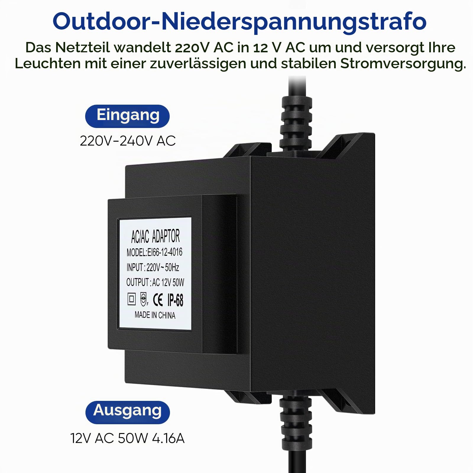 LED Trafo 12V Netzteil AC/AC 50W 4A, Außen Stecker Netzteil Transformator IP68 für LED-Beleuchtung und Teichpumpen