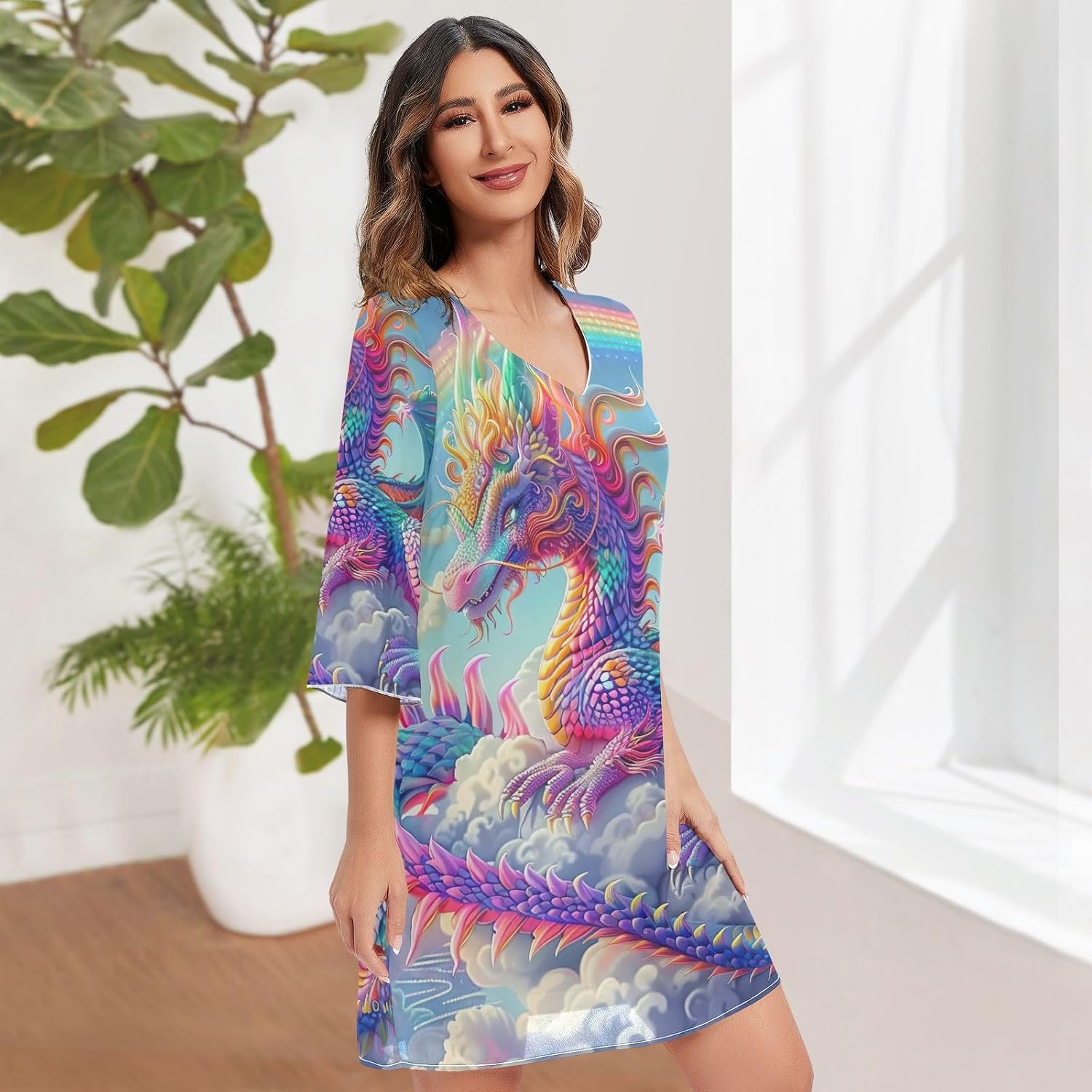 Rainbow Dragon Chiffon V Neck Dress Printed V Line Dress Women S-XXL