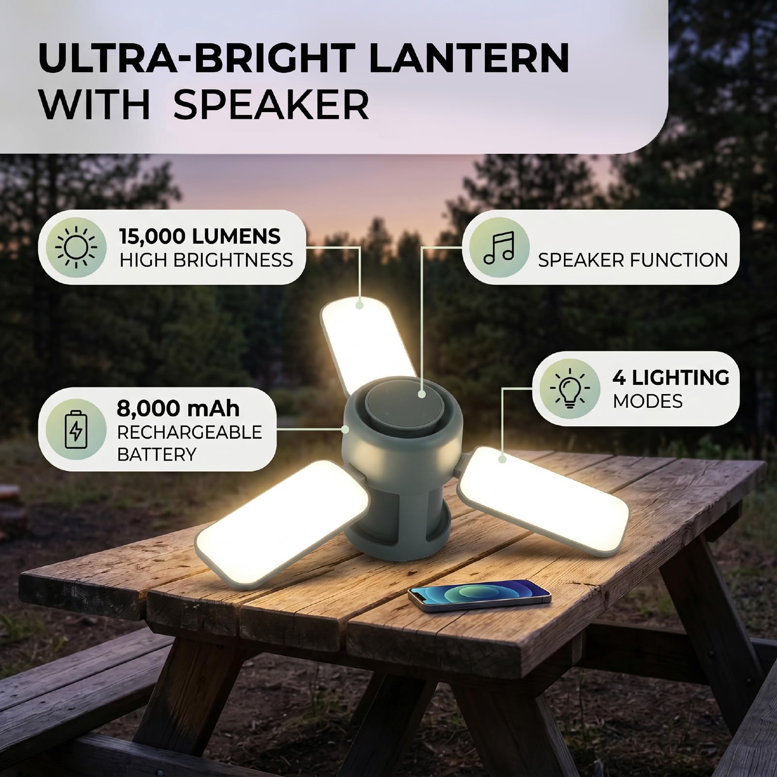 Tangxi Lanterna da Campeggio Portatile Ricaricabile a LED, Lanterna da Campeggio Pieghevole con Altoparlante Bluetooth, Torcia Leggera a LED per Emergenza Interna Ed Esterna
