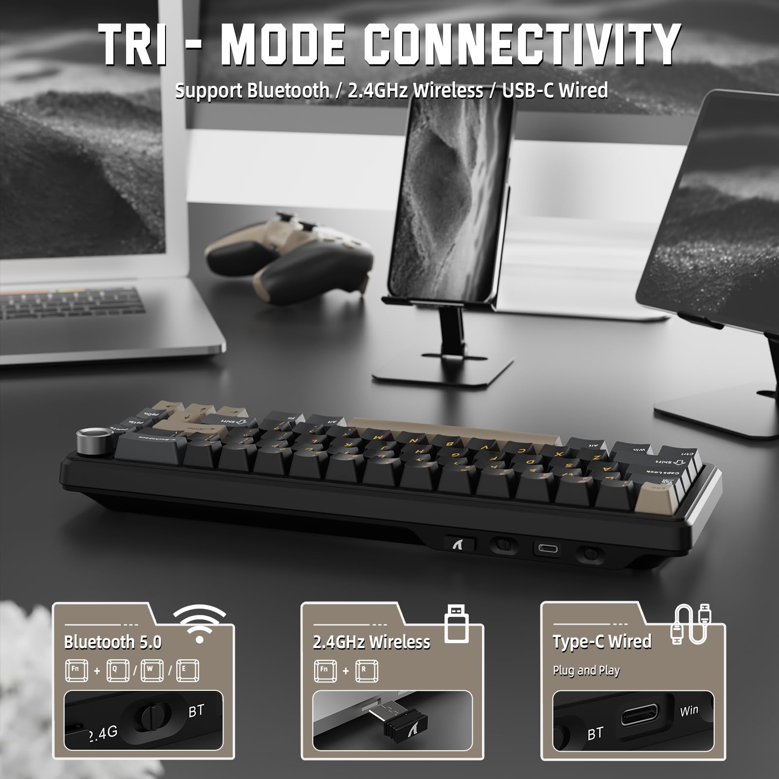 MAMBASNAKE X Attack Shark X66 Teclado Mecánico Inalámbrico Al 65% con Perilla, Teclado para Juegos RGB con Intercambiables En Caliente 60%, BT/2,4 G/USB-C, Interruptor Lineal, Tecla PBT-Starry Black