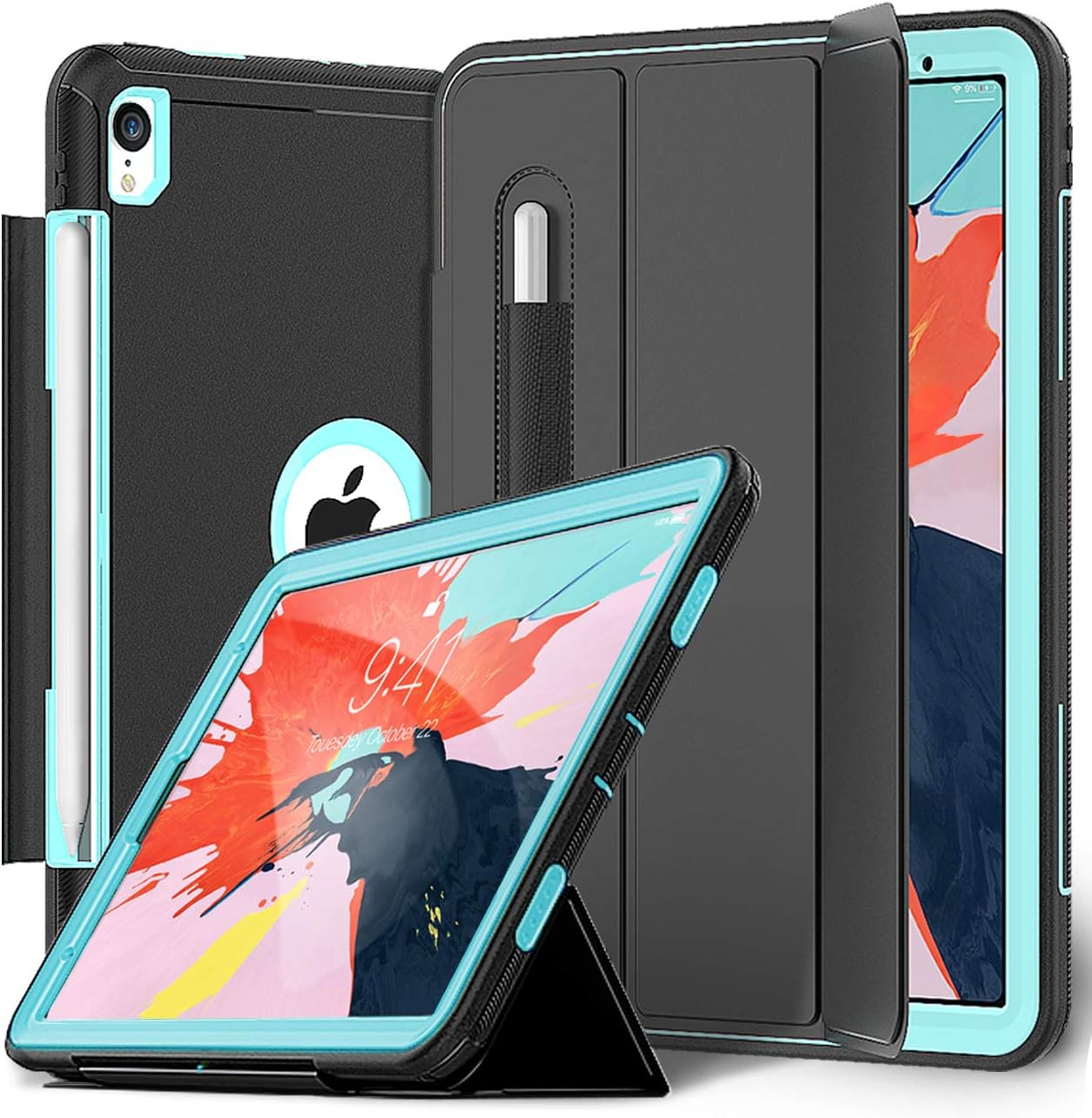 DUNNO Case for iPad Pro 11 Inch 2018 - Heavy Duty Full Body Smart Protective Case with Auto Sleep/Wake Up Stand Folio & Three Layer Design for Apple iPad Pro 11 Inch 2018 (Black/Light Blue)