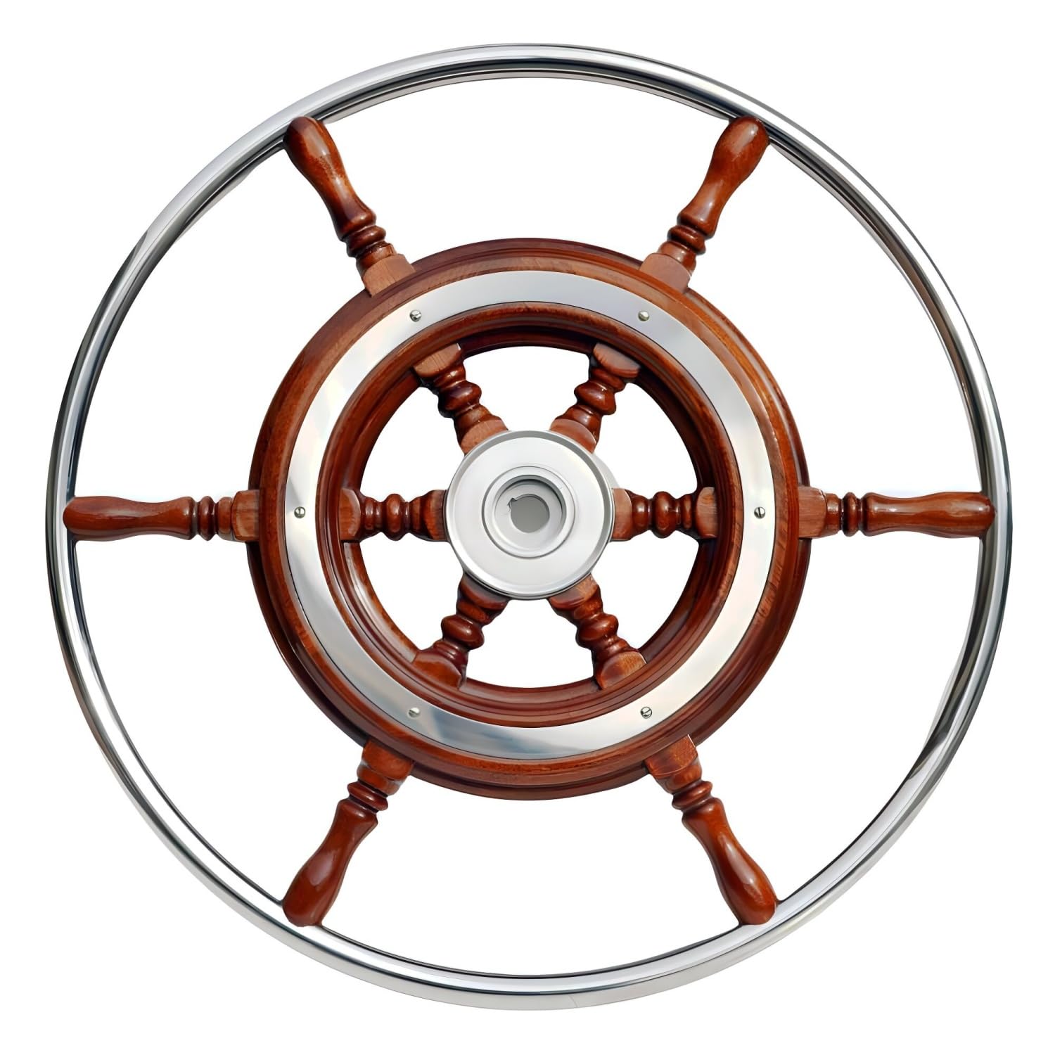 Klassisches 6-Speichen Steuerrad Holz Edelstahl Ø 420 & 490 mm Bootslenkrad Mahagoni mit Nabe Steuerrad Bootssteuerrad Echtholz Lenkrad Boot Schiff Schiffssteuerrad Yacht Motorboot