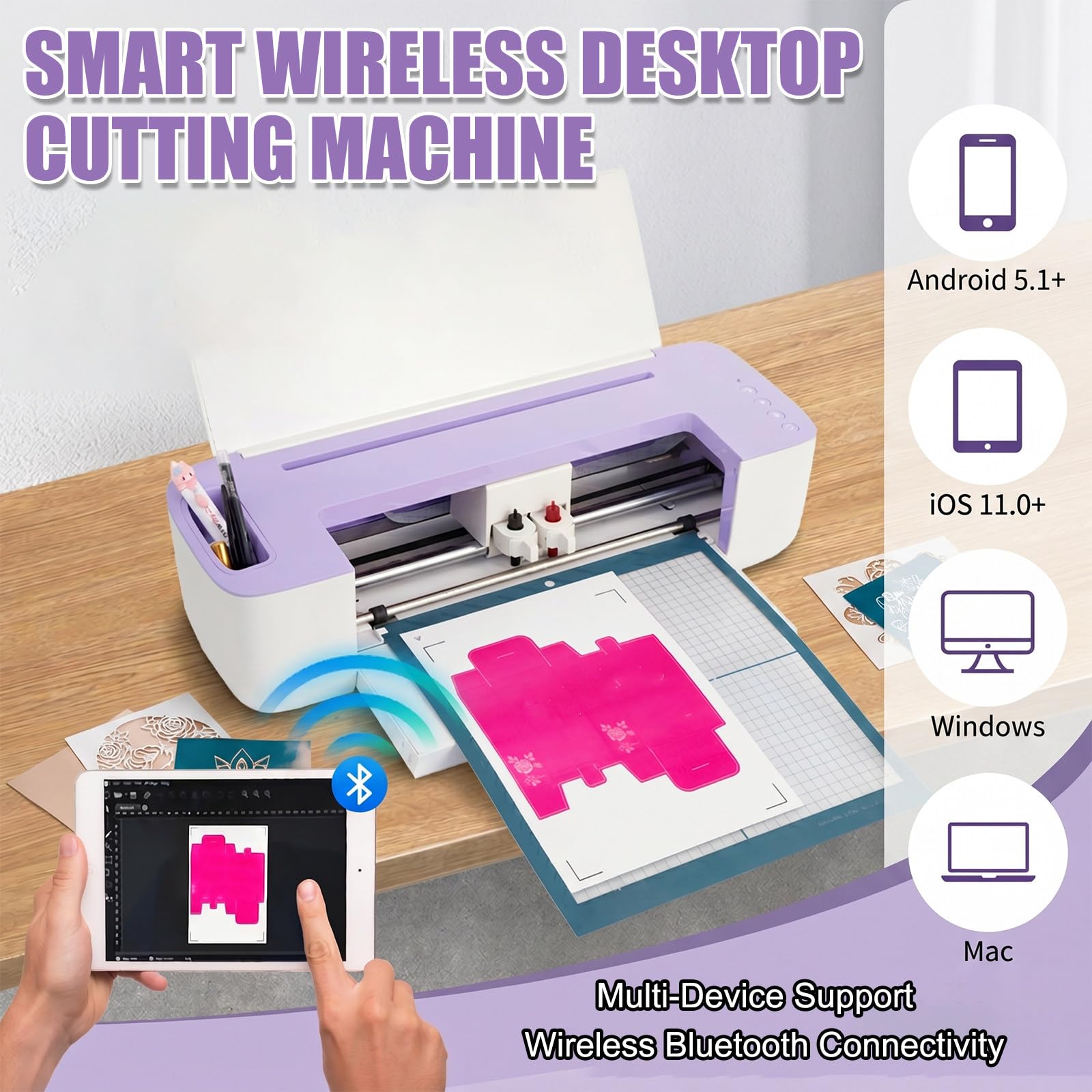 Plotter Automático con Velocidad de Precisión para Manualidades, Plotter Automático de Precisión ±0,1mm con Hendidora y Cuchillas de 45°, Vinilo de Bricolaje Inalámbrico, Tapetes Adhesivos