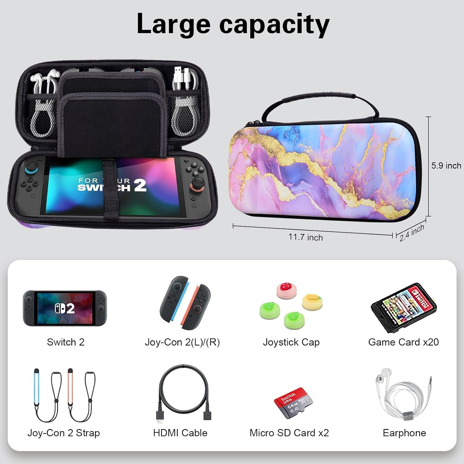 KEDBBAO Tasche für Nintendo Switch 2 2025, Harte Tragetasche Hülle Case mit großem Fassungsvermögen und 20 Steckplätzen (Bicolor Marble)