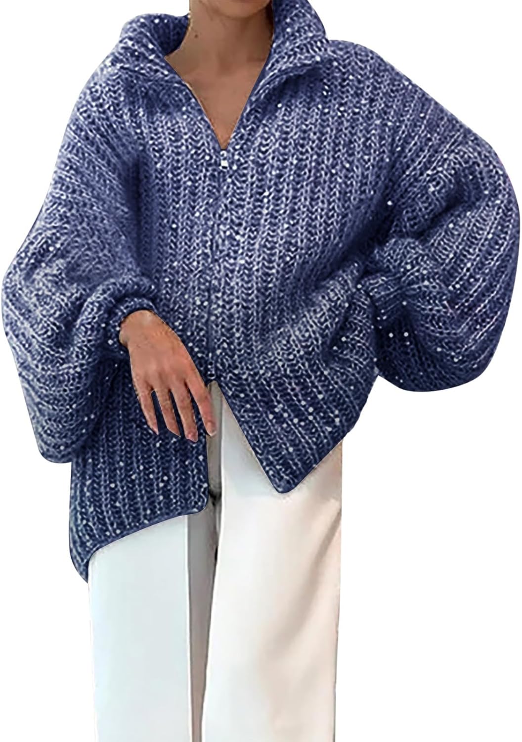 Heevina Sweaters for Women Knitted Knit Lapel Zip Zipper Neck Loose Fit Oversize Puff Bubble Long Sleeve Base Jumpers