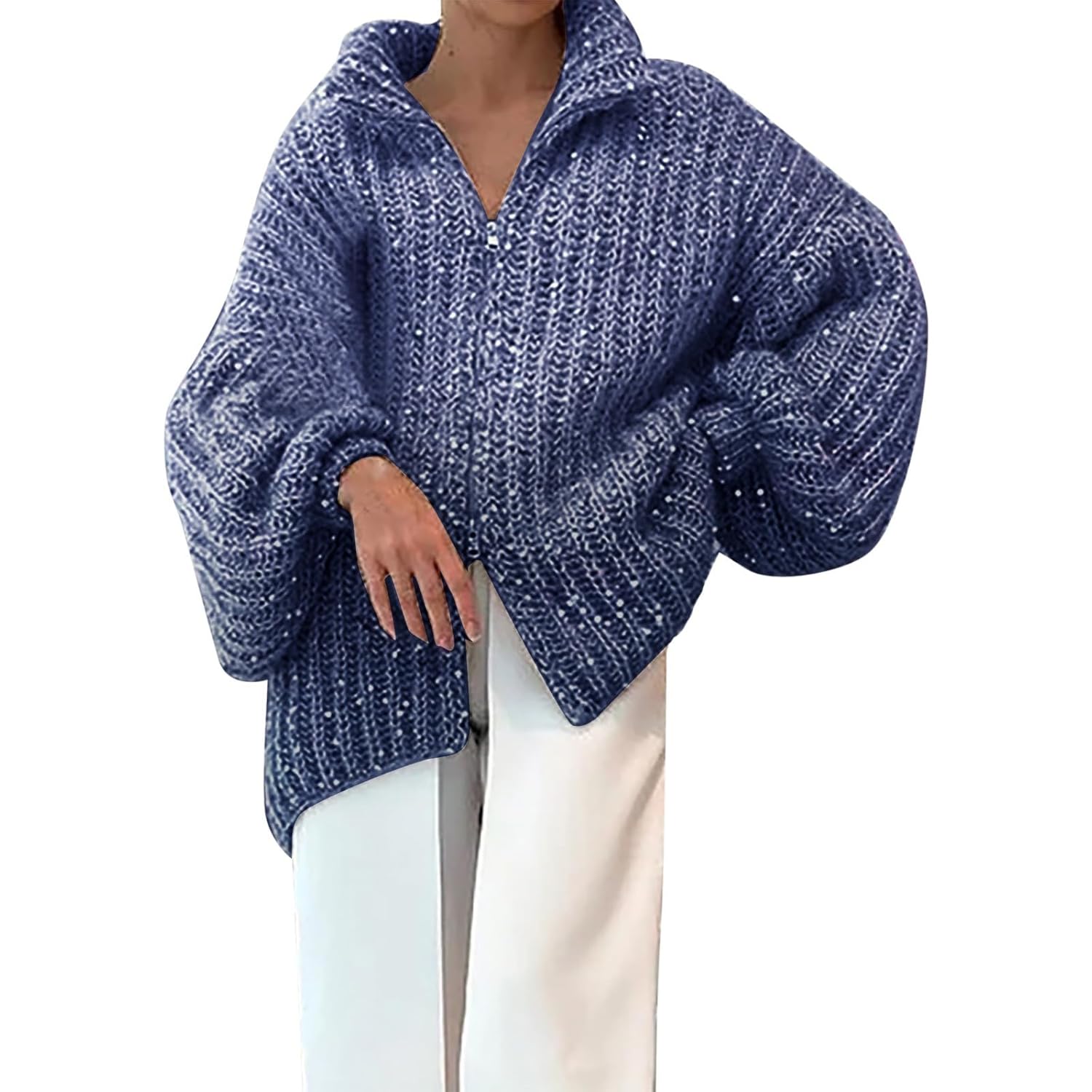 Womens Sequin Sweater Cardigan Zip Up Casual Sparkly Pullover Oversized V Neck Collared Knitted Jacket Coat Outerwear