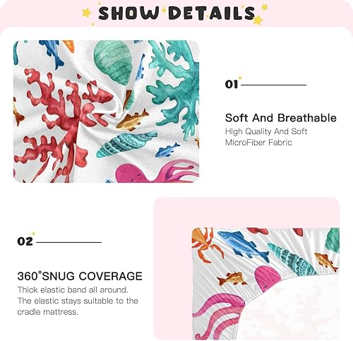 Miniatura 5 de Sábanas coloridas de cuna de animales oceánicos para niños y niñas, sábana de juego N Play, sábanas suaves y transpirables de 39 x 27 pulgadas