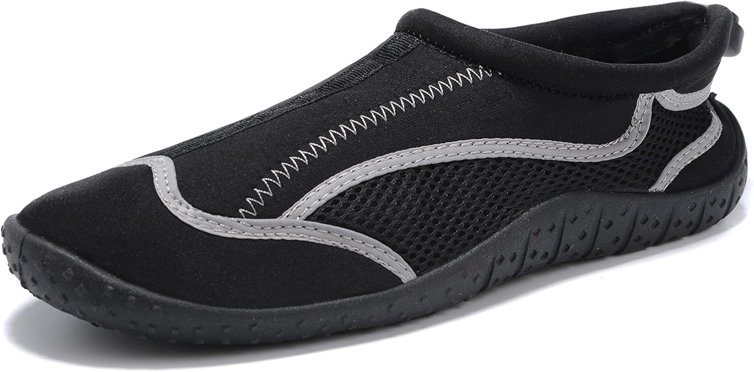 RocSoc Men's Summer Barefoot Mesh Aquasock Water Sport Shoes | Lightweight & Breathable, Toggle Lace Athletic Beach Footwear Black/Grey