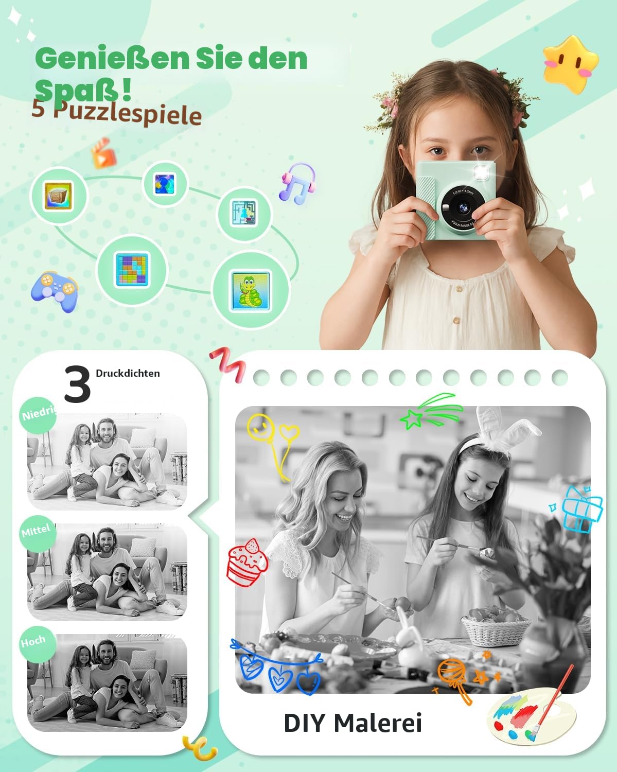TIATUA Kinderkamera Sofortbildkamera, 2,4 Zoll Sofortbildkamera Kinder mit 32G Karte und Fotopapier Drucken, 1080P HD Digitalkamera Kinder, Geschenke für Jungen und Mädchen 3-12 Jahre (grün)