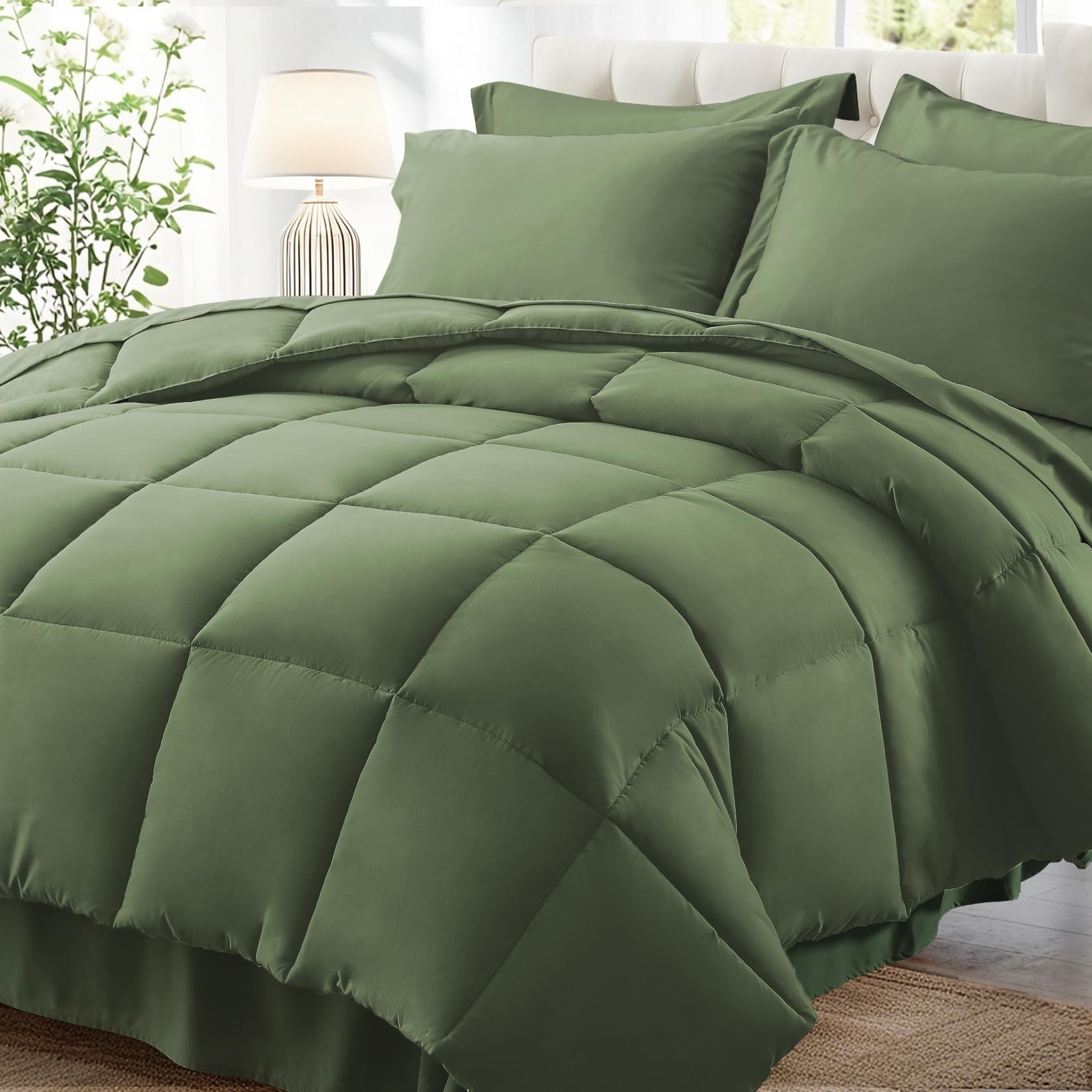 Queen Comforter Set 7 Pieces, Olive Green Bed in a Bag Bedding Set with 1 Comforter, 2 Pillow Shams, 2 Pillowcases, 1 Flat Sheet,1 Fitted Sheet with Pockets