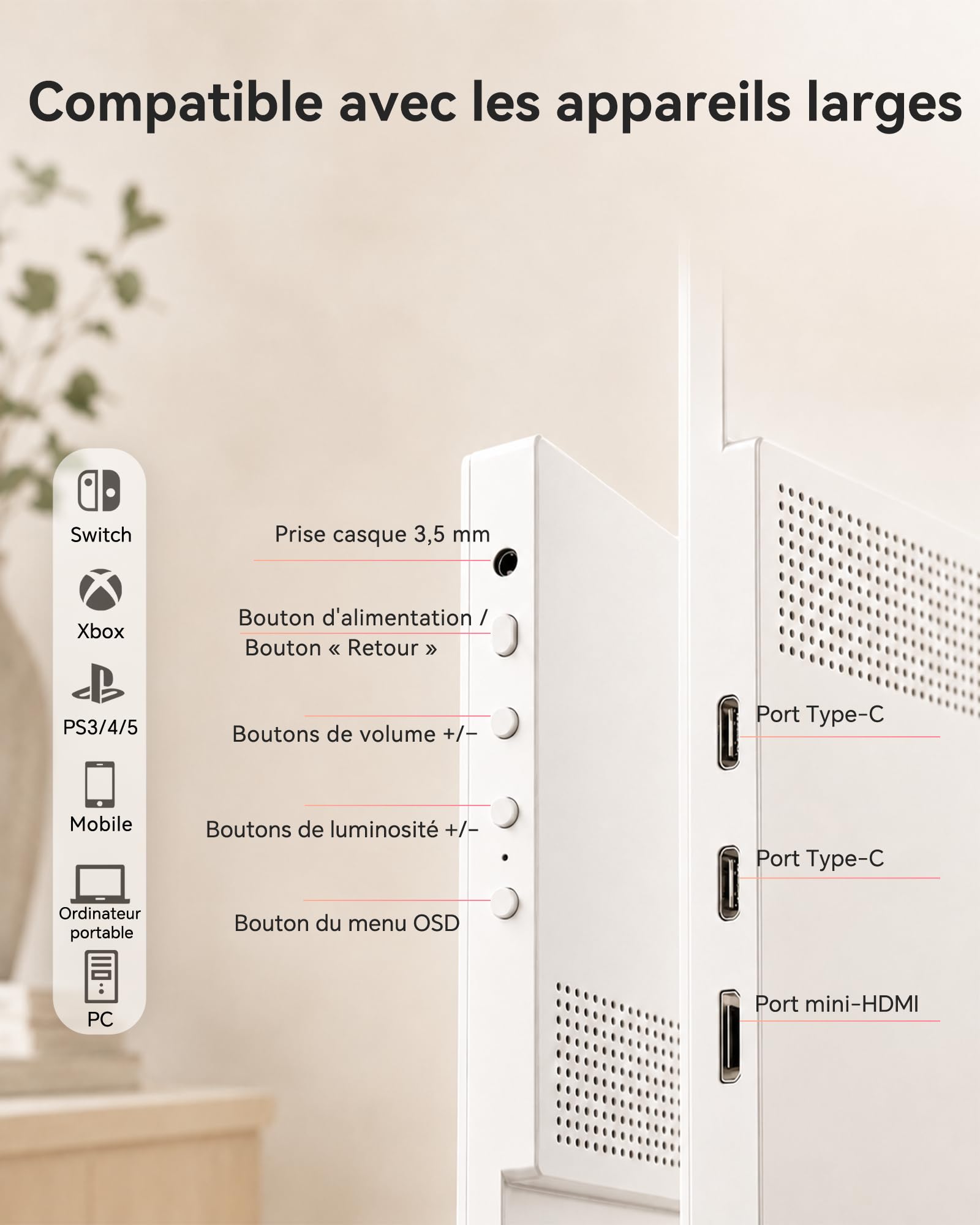 KTC Écran Portable 15,6" 1920x1080 FHD IPS, USB-C & Mini HDMI Écran Externe, HDR10, Moniteur de Jeu Ultra-Fin Portable avec Support & Haut-parleurs, pour Laptop/PC/Mac/PS3/PS4/PS5/Xbox, Blanc