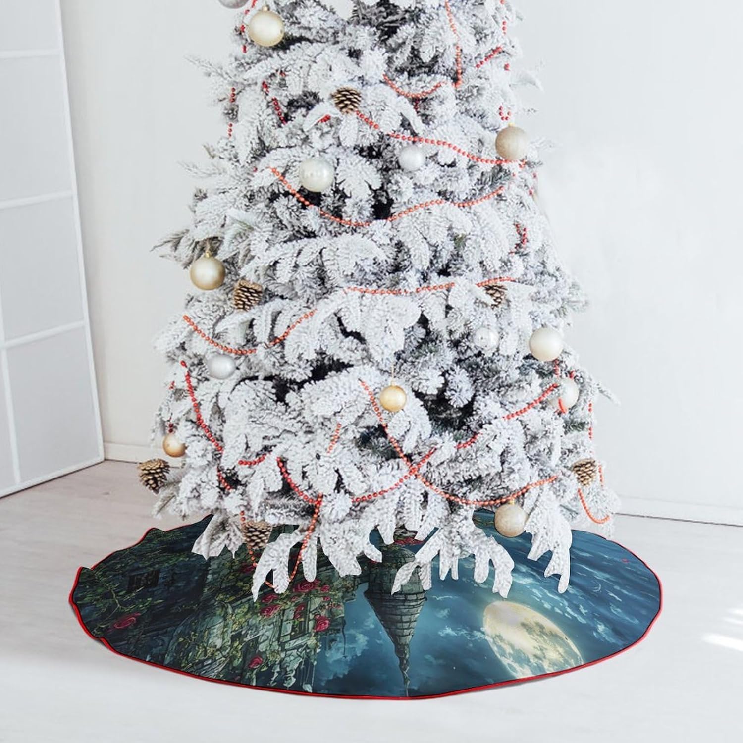 Romantic Gothic Skeleton Lovers Castle Christmas Tree Skirt Ornaments Christmas Tree Mat for Home Party Holiday Decorations