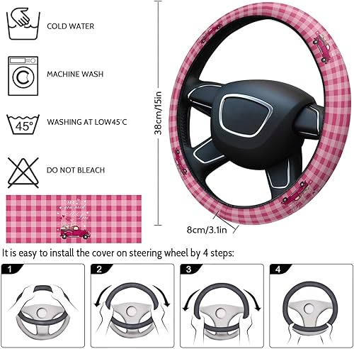 Miniatura 4 de Car Steering Wheel Cover, Heart Shape Pink Truck Buffalo Plaid Elastic Stretch Sponge Steering Wheels Protective Cover for Vehicles Trucks SUVs