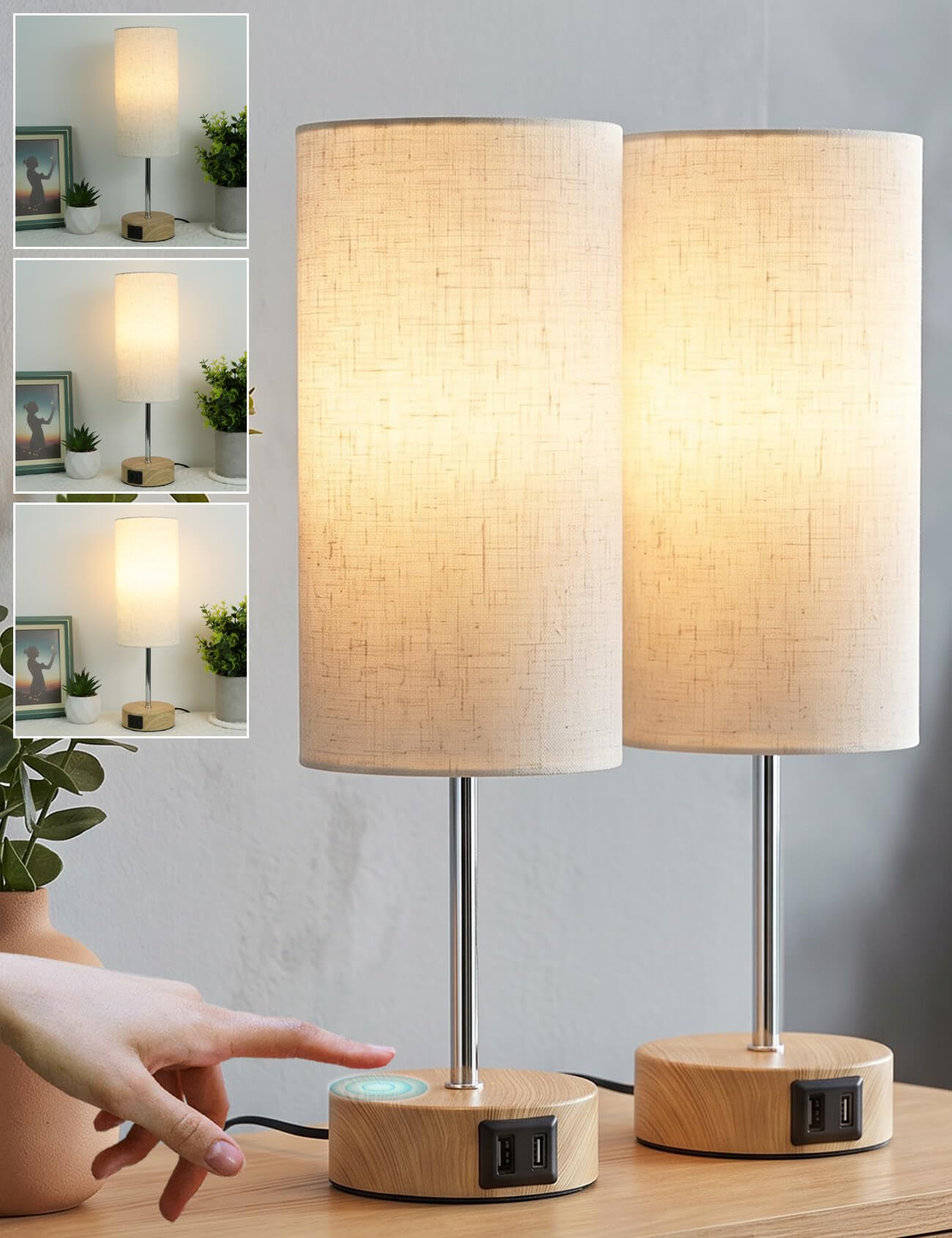 Bedside Lamps, Touch Lamps Bedside with Dual USB Charging Port, 2 Pack