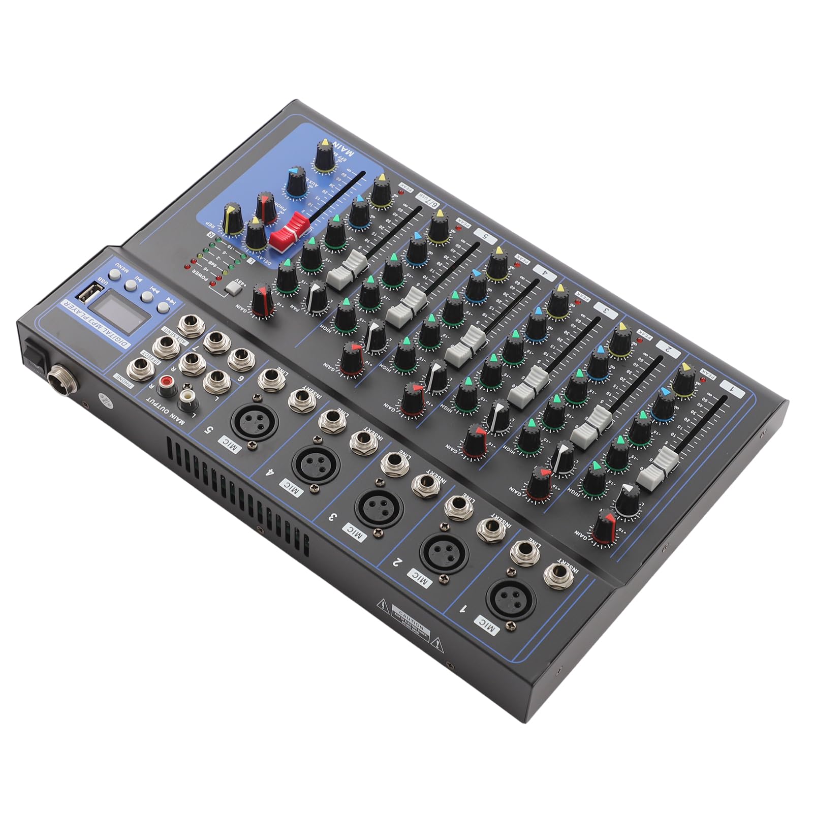 Mixer, mixer audio a 7 canali, mixer audio DJ professionale a 7 canali, telaio in metallo, 6 equalizzatori di stili musicali, alimentazione phantom da 48 V, karaoke/registrazione/live, compatto 33 cm