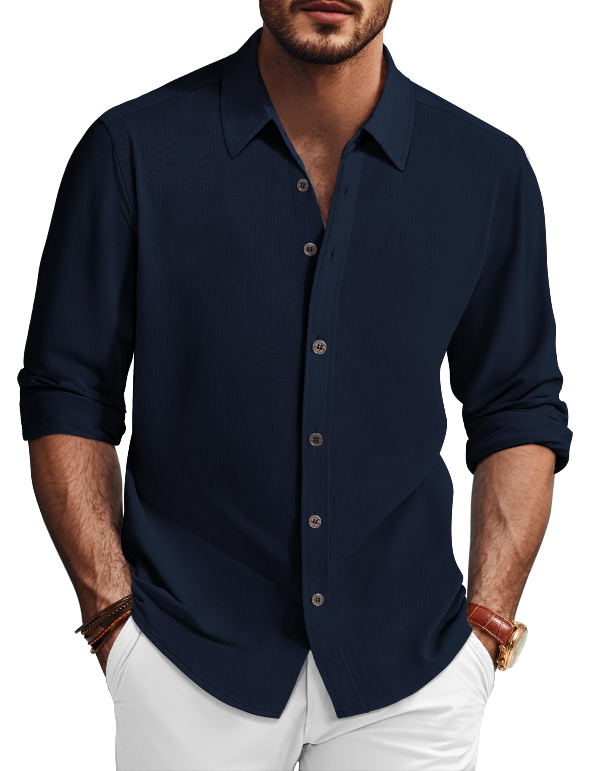 PJ PAUL JONESMens Stretch Wrinkle Free Dress Shirts Long Sleeve Button Down Shirt Slim Fit Formal Shirts