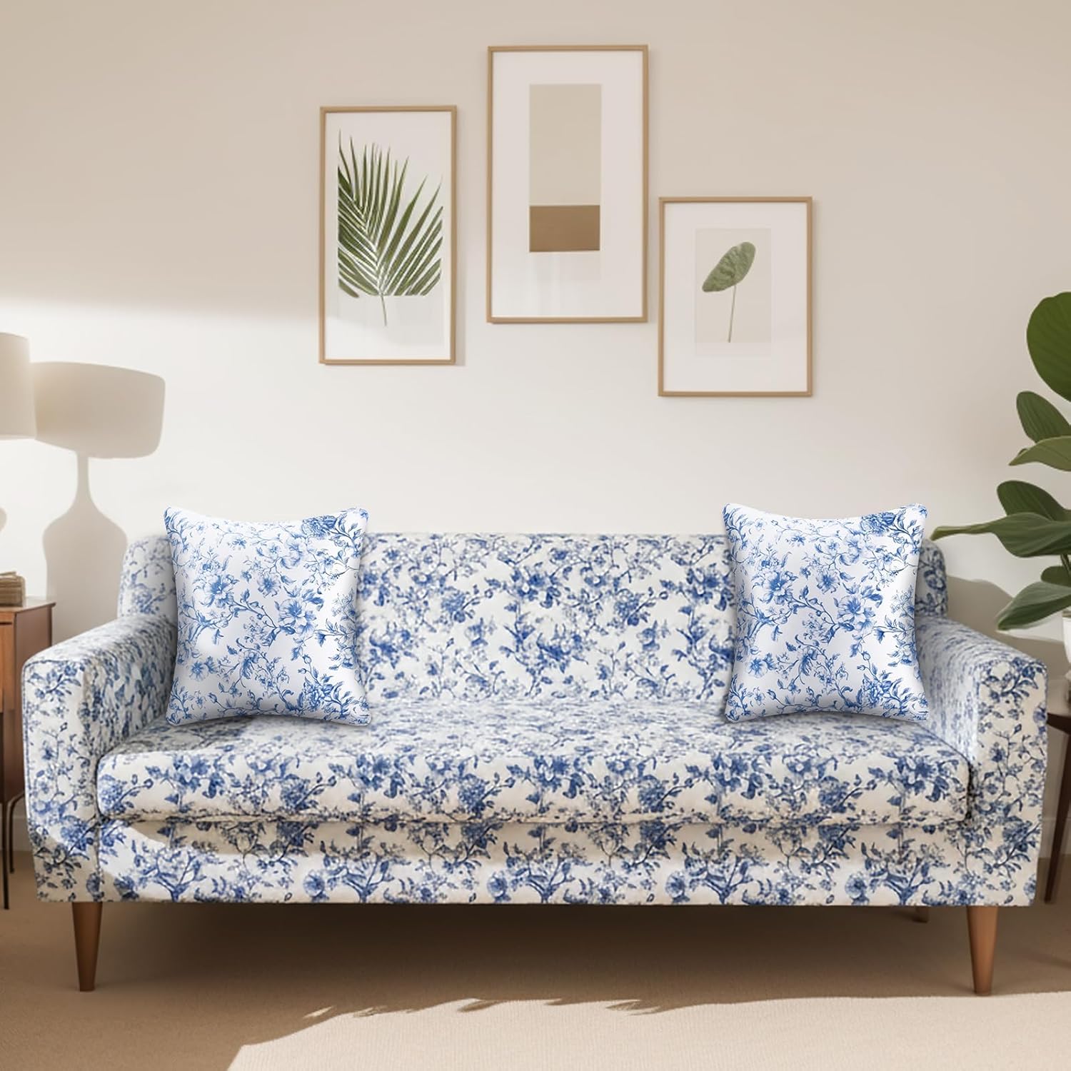 Chinoiserie Printed Sofa Cover Stretch Couch Cover with Throw Pillow Case Blue White Floral Sofa Slipcover for Living Room Decoration(3 Seat)