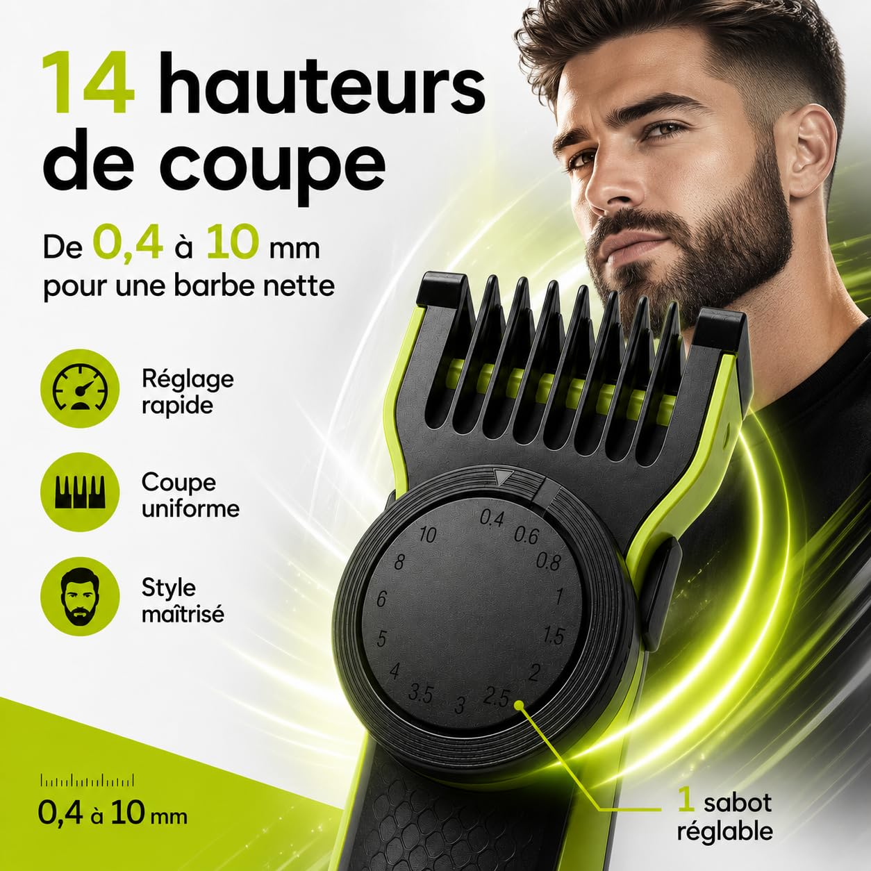 Multi Sabot Visage & Corps - réglable 14 hauteurs de 0.4 à 10 mm – avec peigne et protecteur - compatible avec QP2520 / QP2530 / QP2620 / QP2630 / QP27xx / QP28xx – non compatible avec la serie PRO